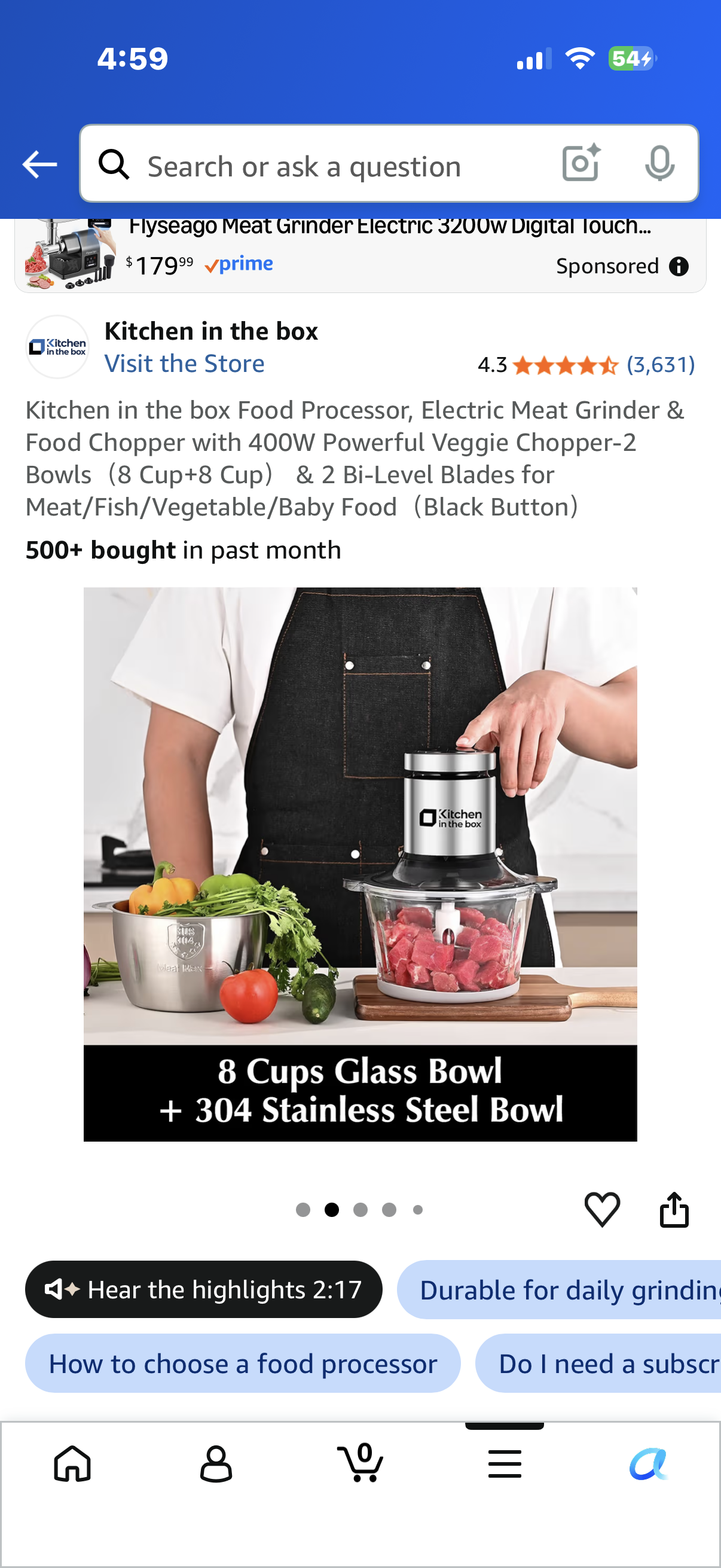 Kitchen in the box Food Processor, Electric Meat Grinder & Food Chopper with 400W Powerful Veggie Chopper-2 Bowls（8 Cup+8 Cup） & 2 Bi-Level Blades for Meat/Fish/Vegetable/Baby Food（Black Button
