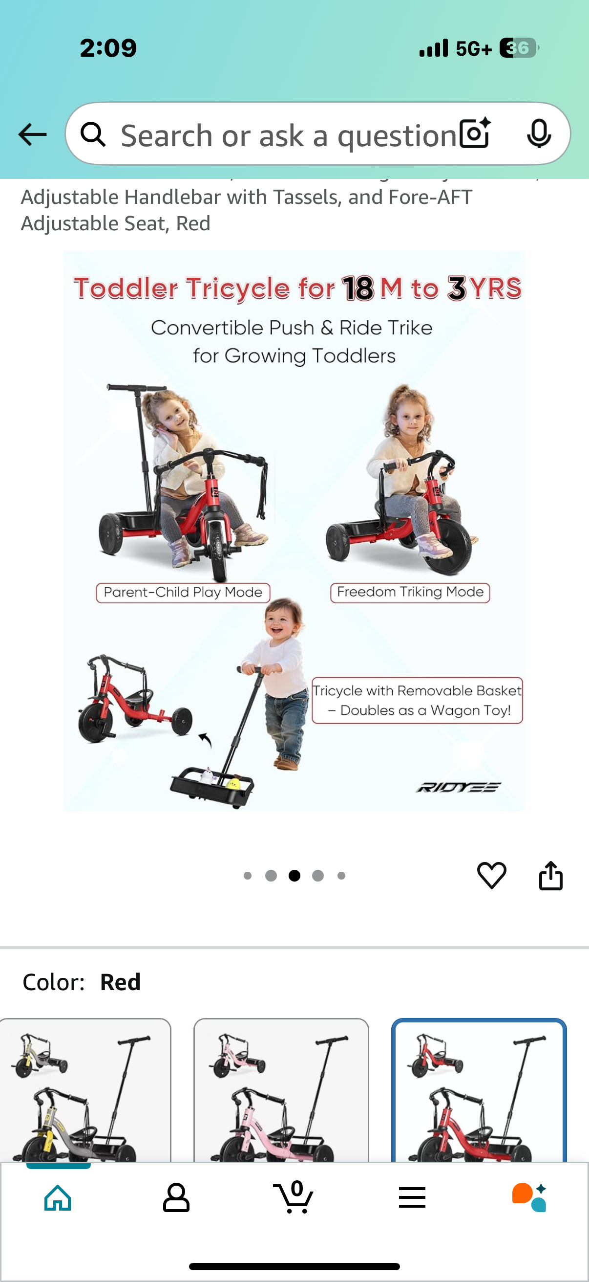 2-in-1 Tricycle for Toddlers Ages 1.5–3, Trike with Extended Push Handle, Removable Wagon-Style Basket, Adjustable Handlebar with Tassels, and Fore-AFT Adjustable Seat, Red