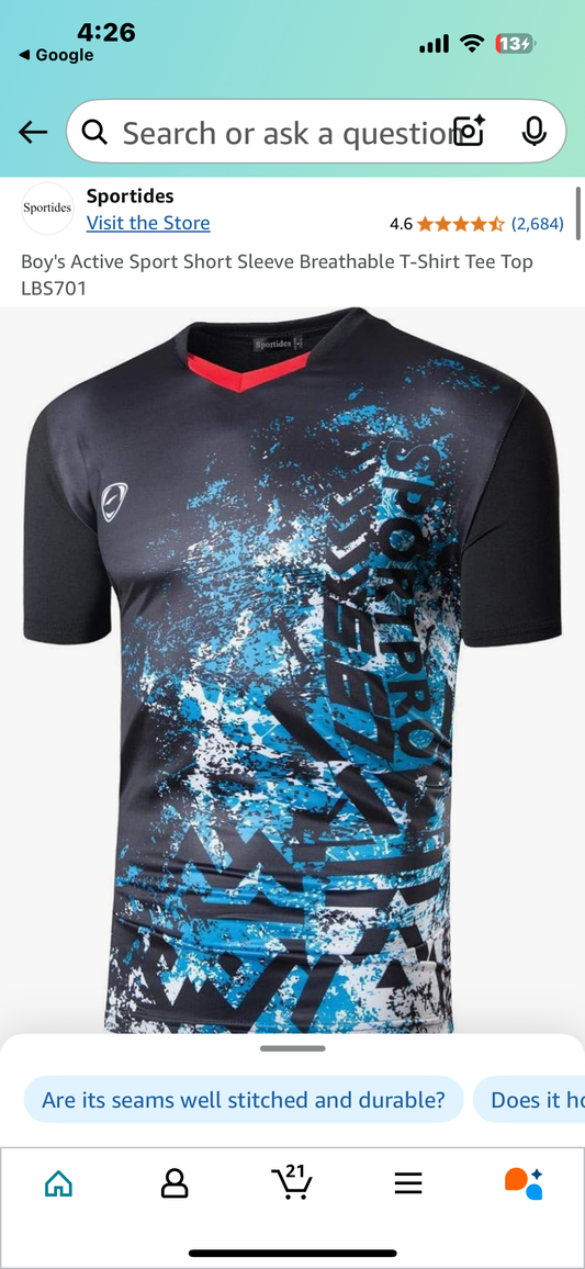 Boy's Active Sport Short Sleeve Breathable T-Shirt Tee Top (Size 18-20)