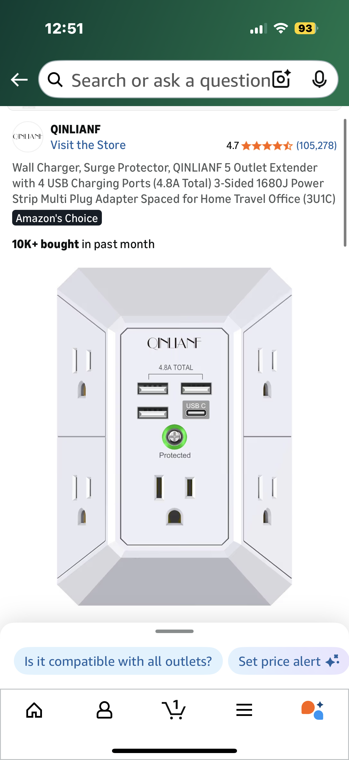 Wall Charger, Surge Protector, QINLIANF 5 Outlet Extender with 4 USB Charging Ports (4.8A Total) 3-Sided 1680J Power Strip Multi Plug Adapter Spaced for Home Travel Office (3U1C