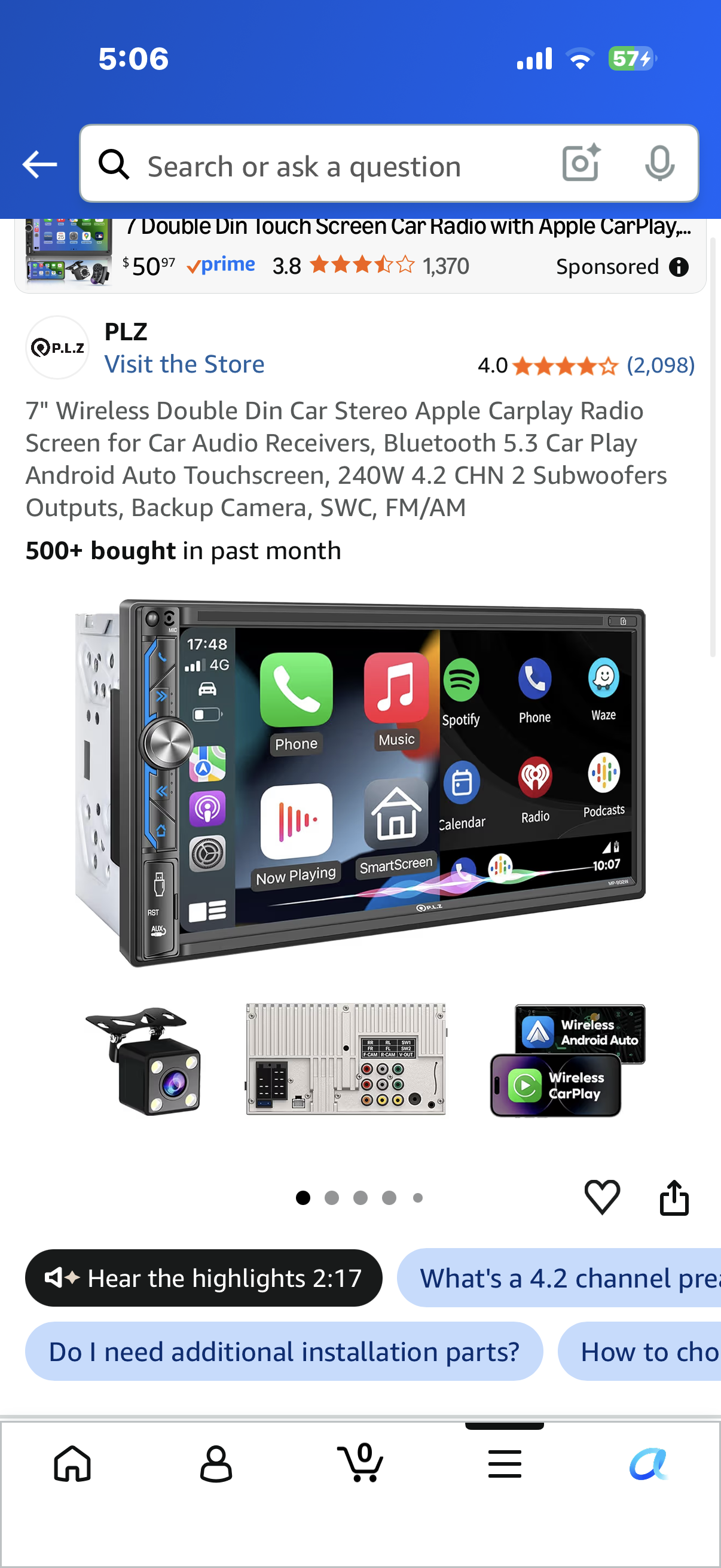 7" Wireless Double Din Car Stereo Apple Carplay Radio Screen for Car Audio Receivers, Bluetooth 5.3 Car Play Android Auto Touchscreen, 240W 4.2 CHN 2 Subwoofers Outputs, Backup Camera, SWC, FM/AM