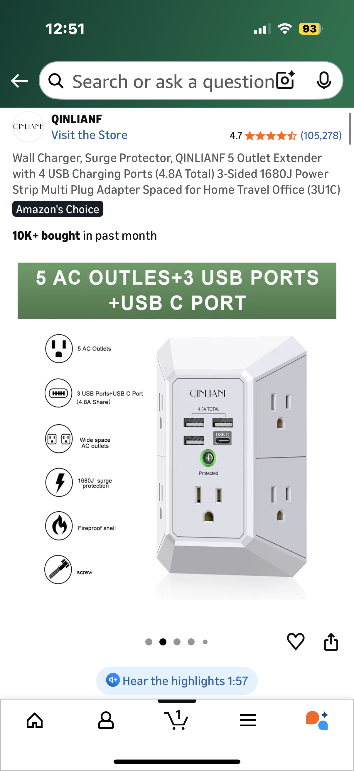 Wall Charger, Surge Protector, QINLIANF 5 Outlet Extender with 4 USB Charging Ports (4.8A Total) 3-Sided 1680J Power Strip Multi Plug Adapter Spaced for Home Travel Office (3U1C