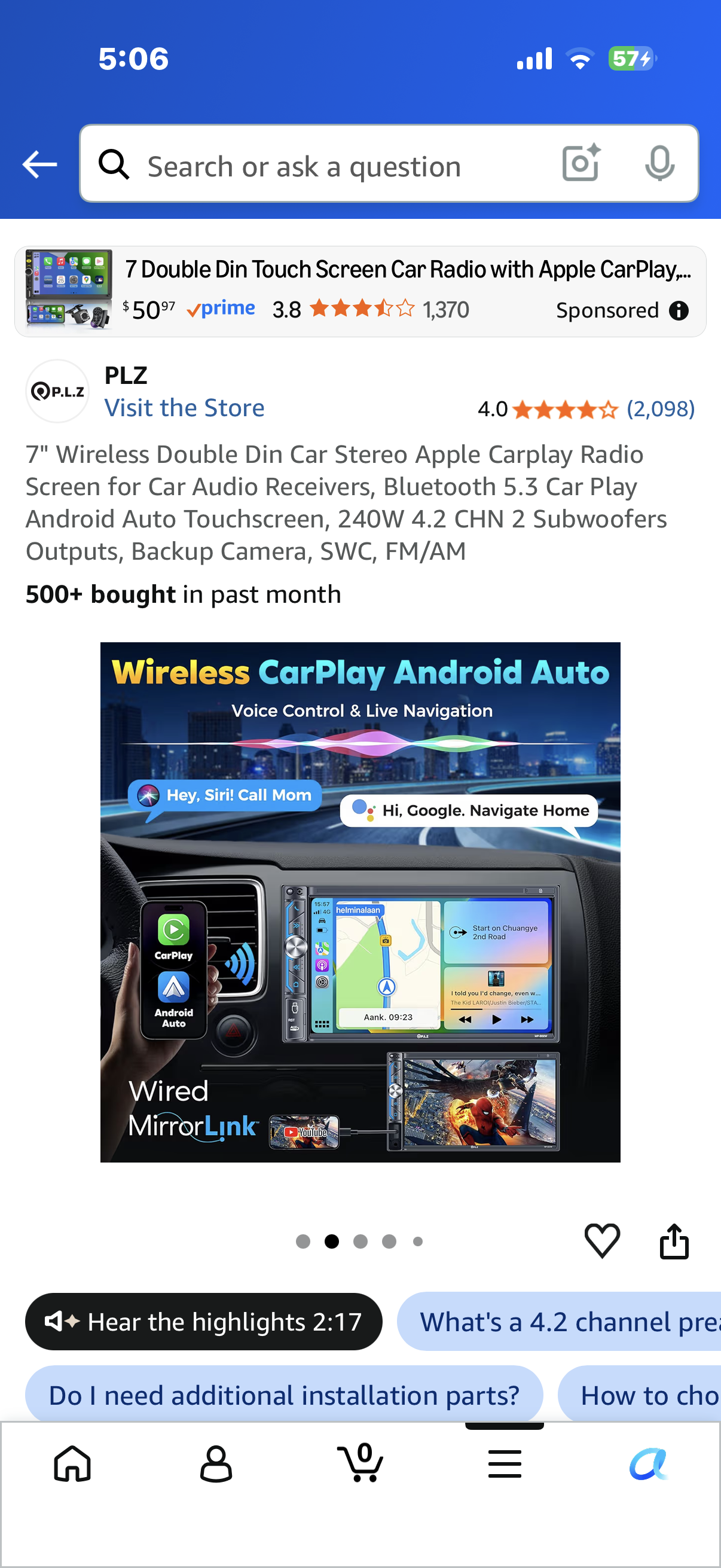 7" Wireless Double Din Car Stereo Apple Carplay Radio Screen for Car Audio Receivers, Bluetooth 5.3 Car Play Android Auto Touchscreen, 240W 4.2 CHN 2 Subwoofers Outputs, Backup Camera, SWC, FM/AM