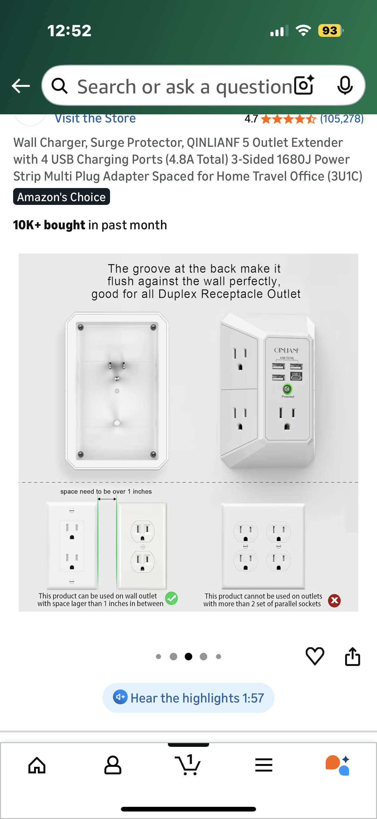 Wall Charger, Surge Protector, QINLIANF 5 Outlet Extender with 4 USB Charging Ports (4.8A Total) 3-Sided 1680J Power Strip Multi Plug Adapter Spaced for Home Travel Office (3U1C