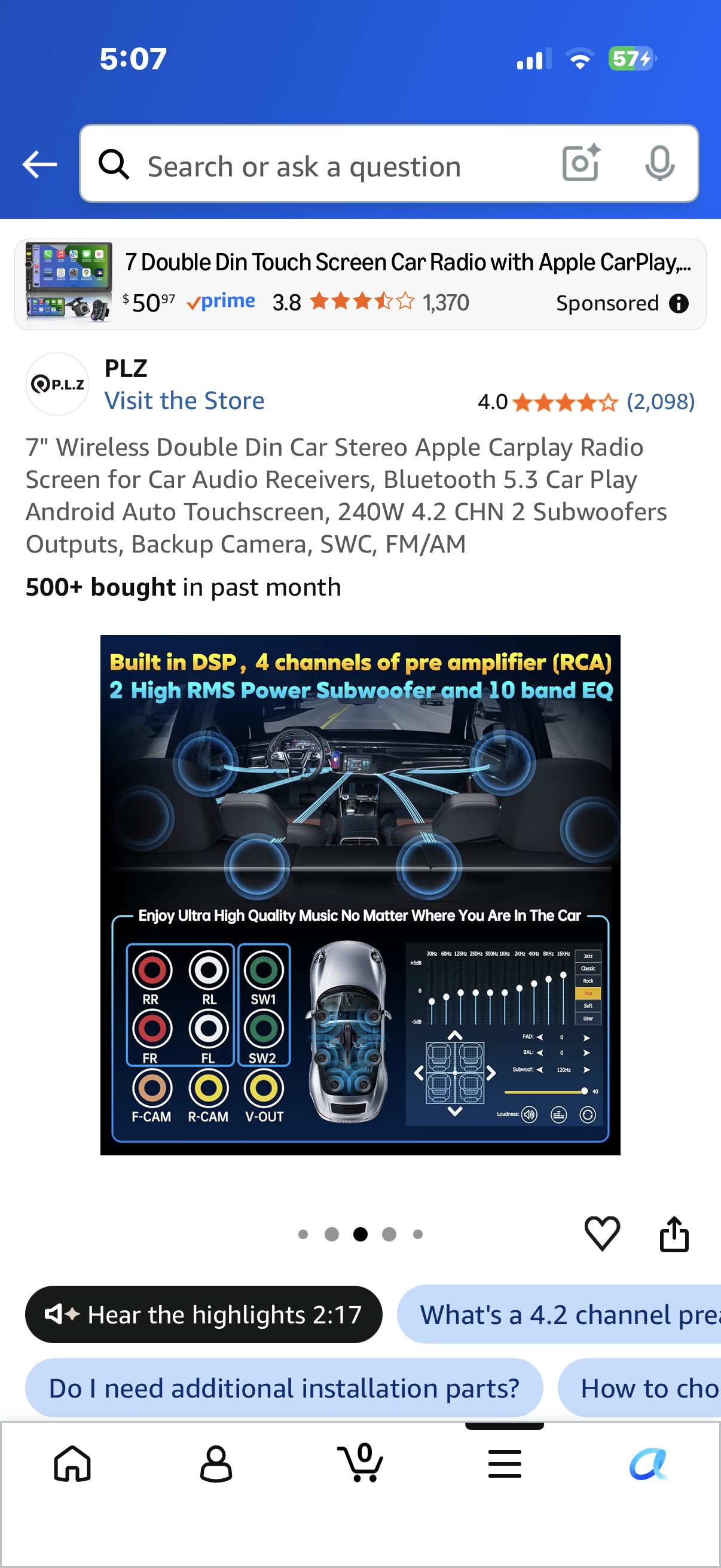 7" Wireless Double Din Car Stereo Apple Carplay Radio Screen for Car Audio Receivers, Bluetooth 5.3 Car Play Android Auto Touchscreen, 240W 4.2 CHN 2 Subwoofers Outputs, Backup Camera, SWC, FM/AM