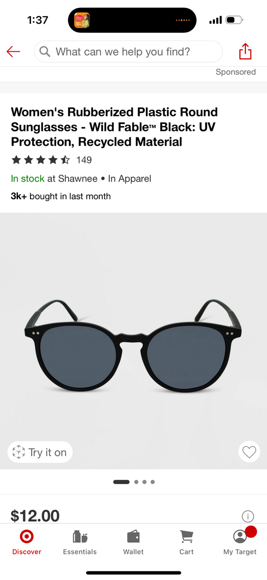 Women's Rubberized Plastic Round Sunglasses - Wild Fable™ Black: UV Protection, Recycled Material