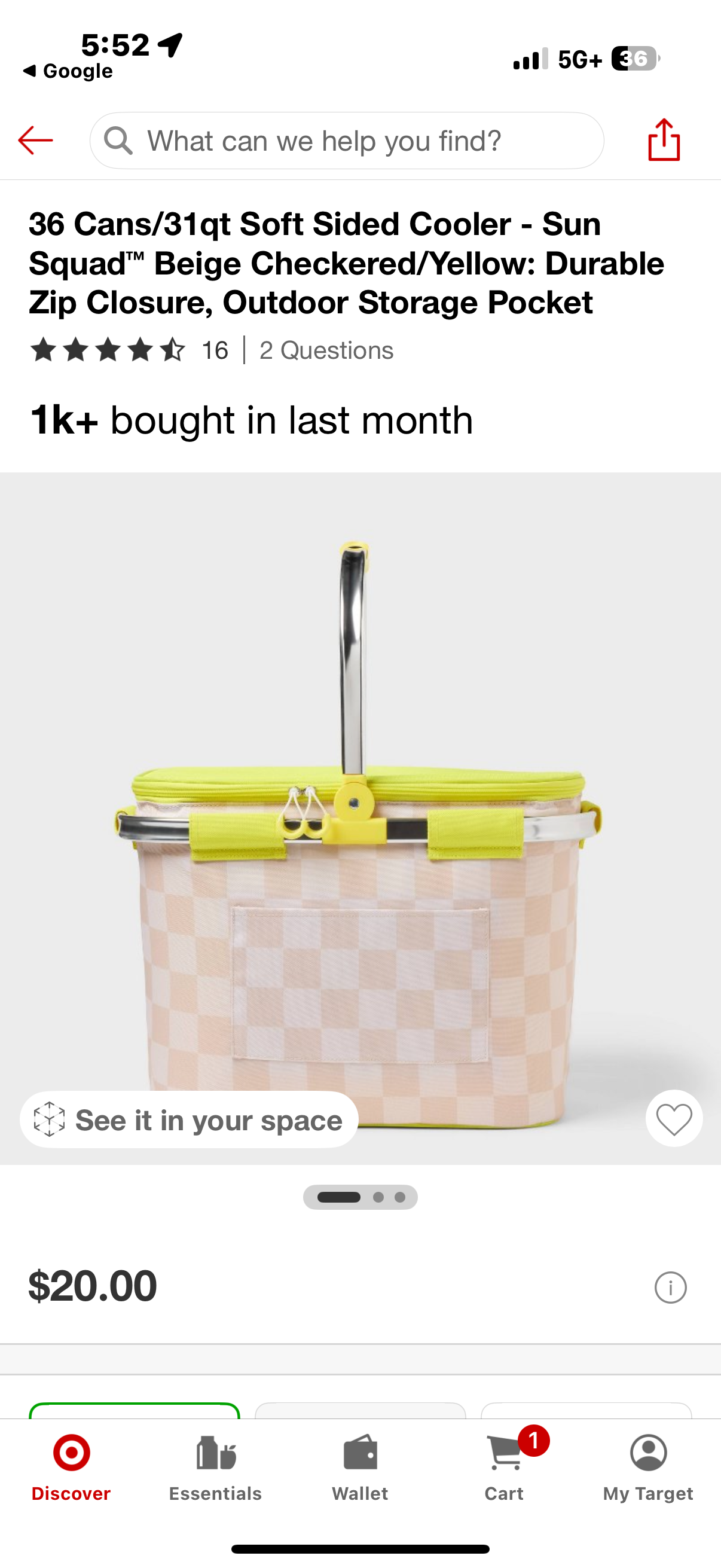 36 Cans/31qt Soft Sided Cooler - Sun Squad™ Beige Checkered/Yellow: Durable Zip Closure, Outdoor Storage Pocket