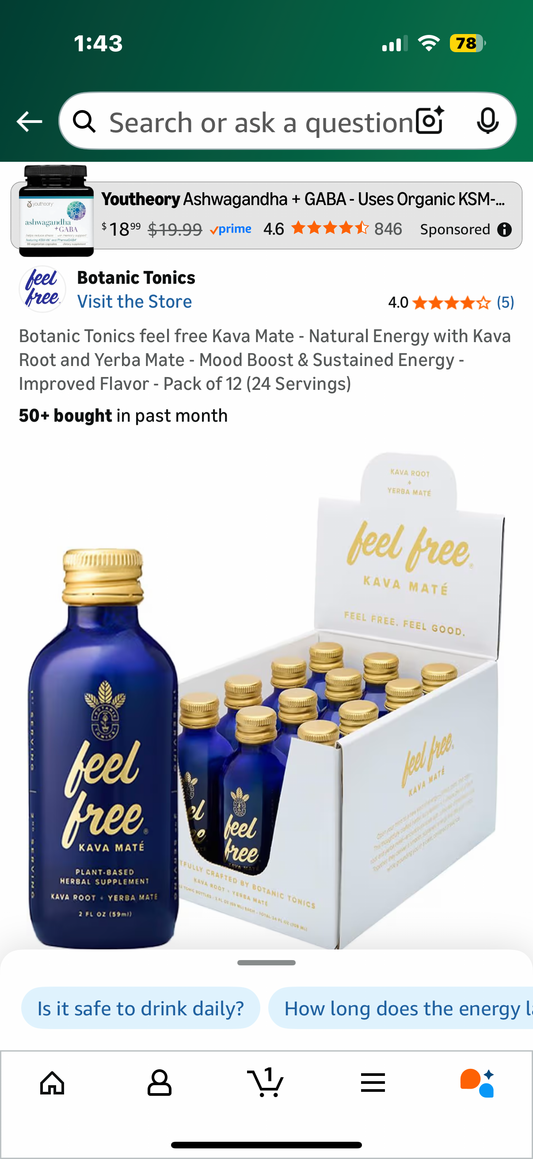 Botanic Tonics feel free Kava Mate - Natural Energy with Kava Root and Yerba Mate - Mood Boost & Sustained Energy - Improved Flavor - Pack of 12 (24 Servings)