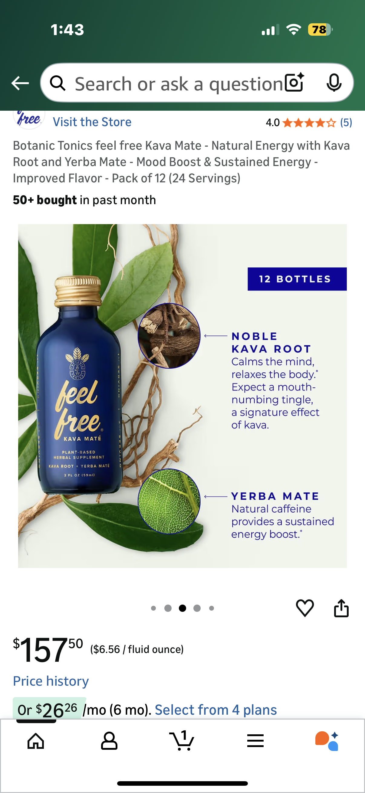 Botanic Tonics feel free Kava Mate - Natural Energy with Kava Root and Yerba Mate - Mood Boost & Sustained Energy - Improved Flavor - Pack of 12 (24 Servings)