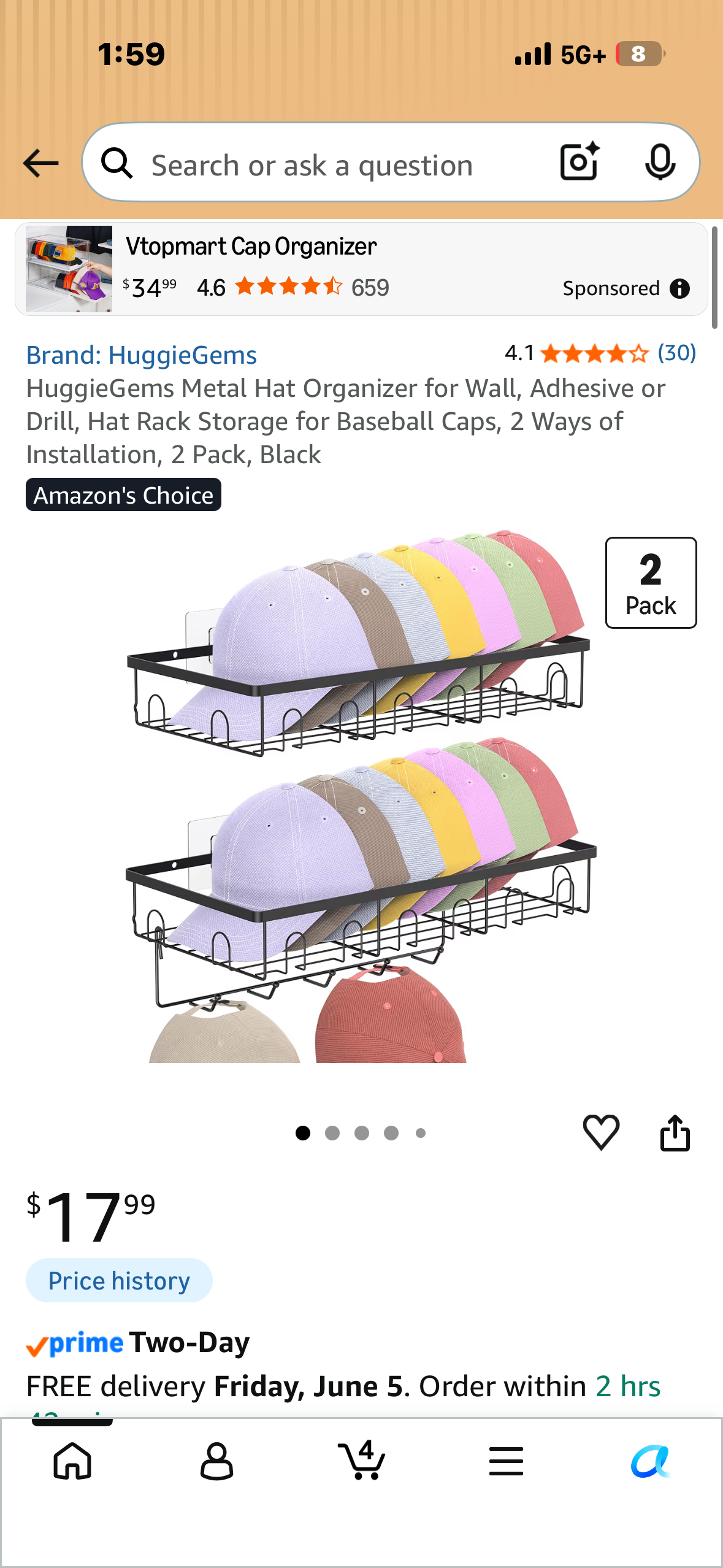 HuggieGems Metal Hat Organizer, Adhesive or Drill, Hat Rack Storage for Baseball Caps, 2 Pack, Black