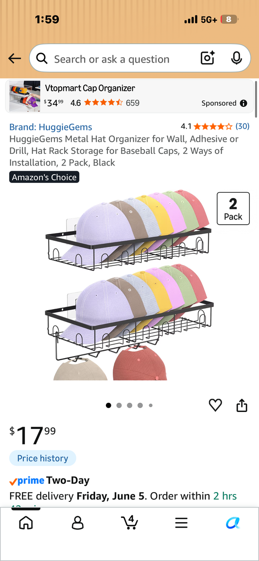 HuggieGems Metal Hat Organizer, Adhesive or Drill, Hat Rack Storage for Baseball Caps, 2 Pack, Black