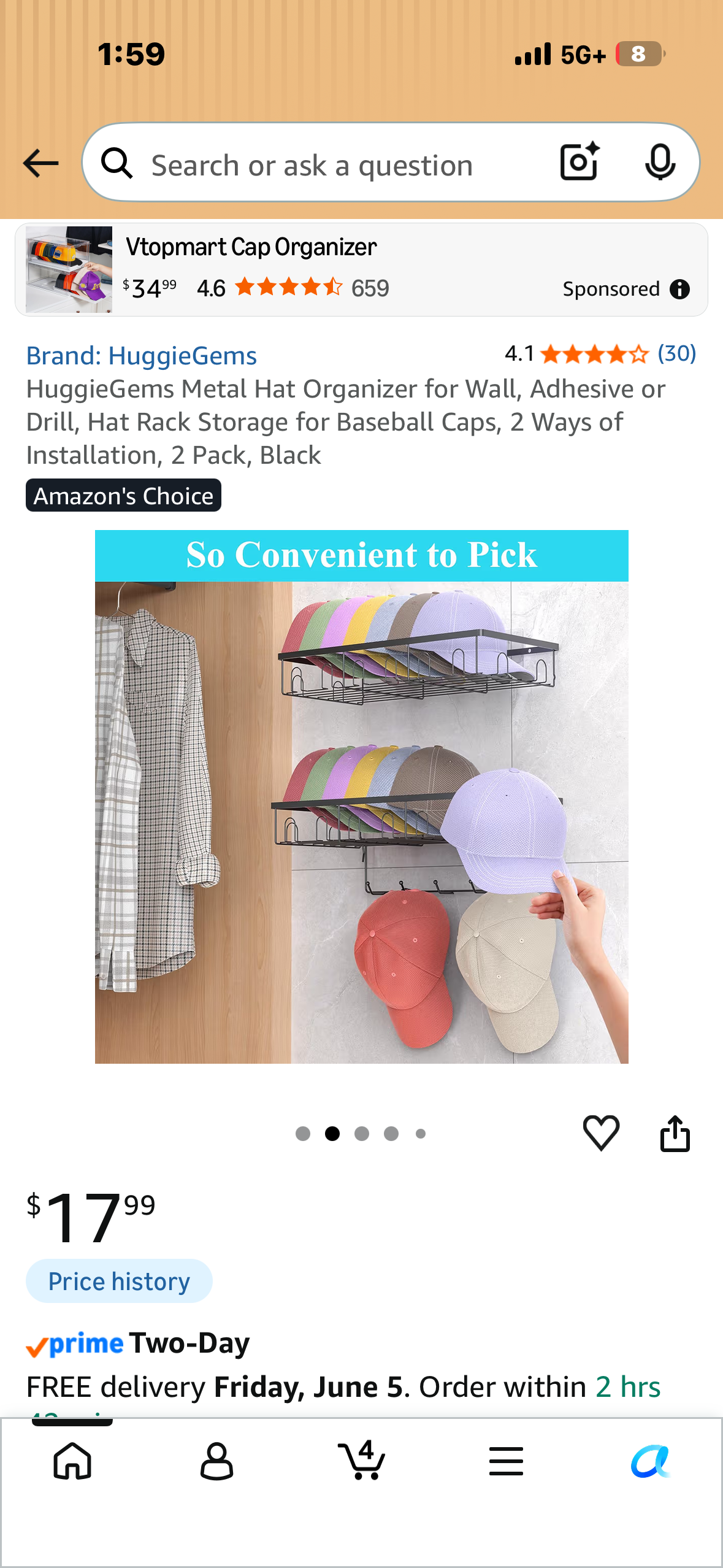 HuggieGems Metal Hat Organizer, Adhesive or Drill, Hat Rack Storage for Baseball Caps, 2 Pack, Black