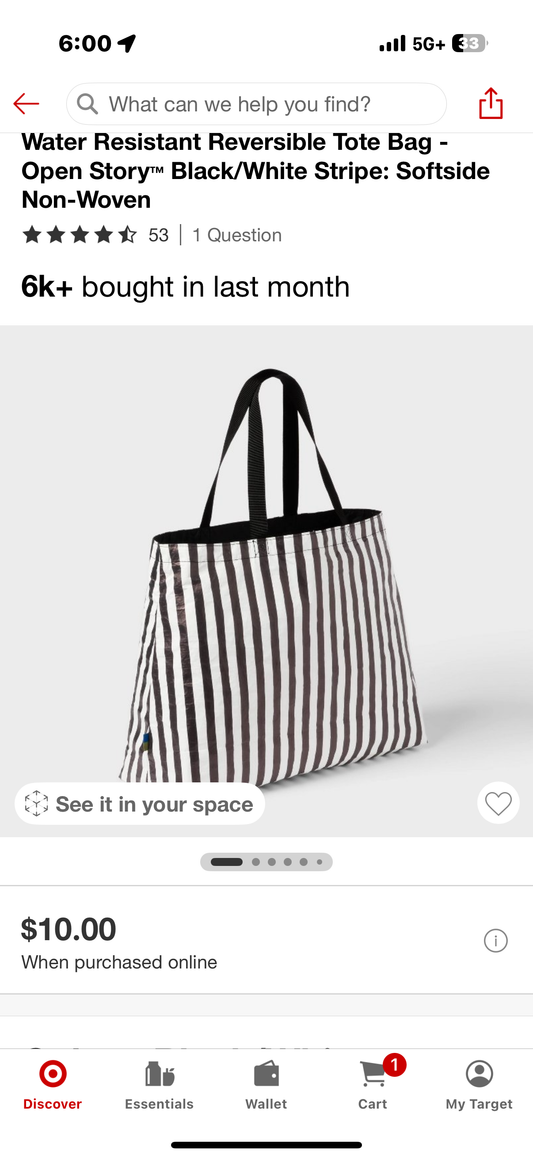 Water Resistant Reversible Tote Bag - Open Story™ Black/White Stripe: Softside Non-Woven