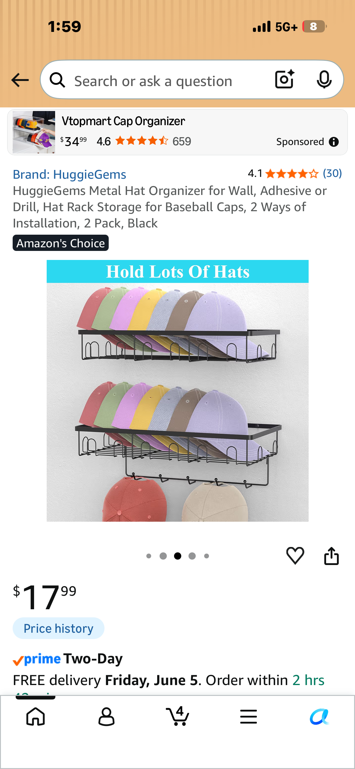 HuggieGems Metal Hat Organizer, Adhesive or Drill, Hat Rack Storage for Baseball Caps, 2 Pack, Black
