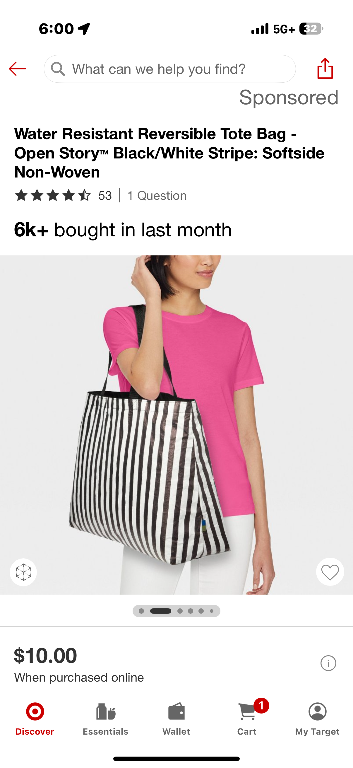 Water Resistant Reversible Tote Bag - Open Story™ Black/White Stripe: Softside Non-Woven