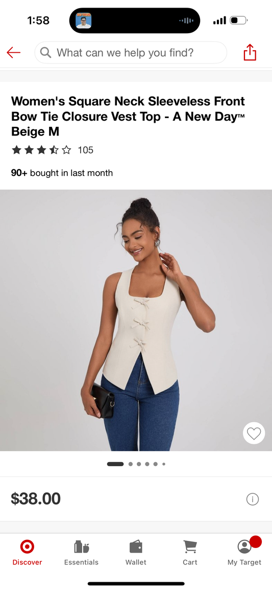 Women's Square Neck Sleeveless Front Bow Tie Closure Vest Top - A New Day™ Beige M