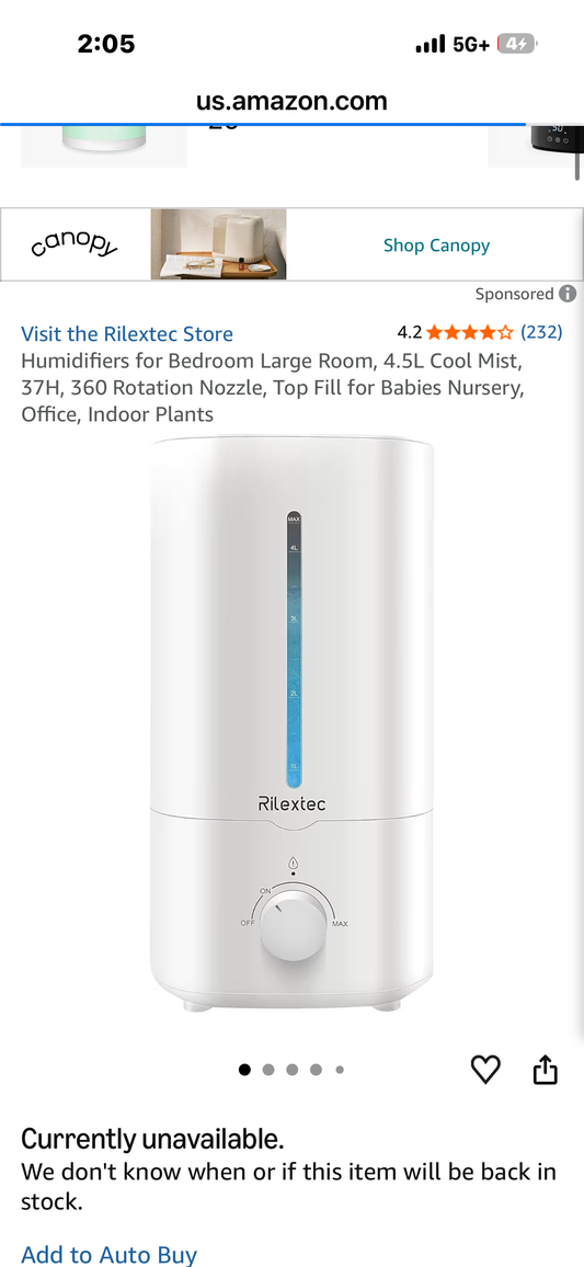 Rilextec Humidifier, 4.5L Cool Mist, 37H, 360 Rotation Nozzle, Top Fill for Babies Nursery, Office, Indoor Plants, Bedroom