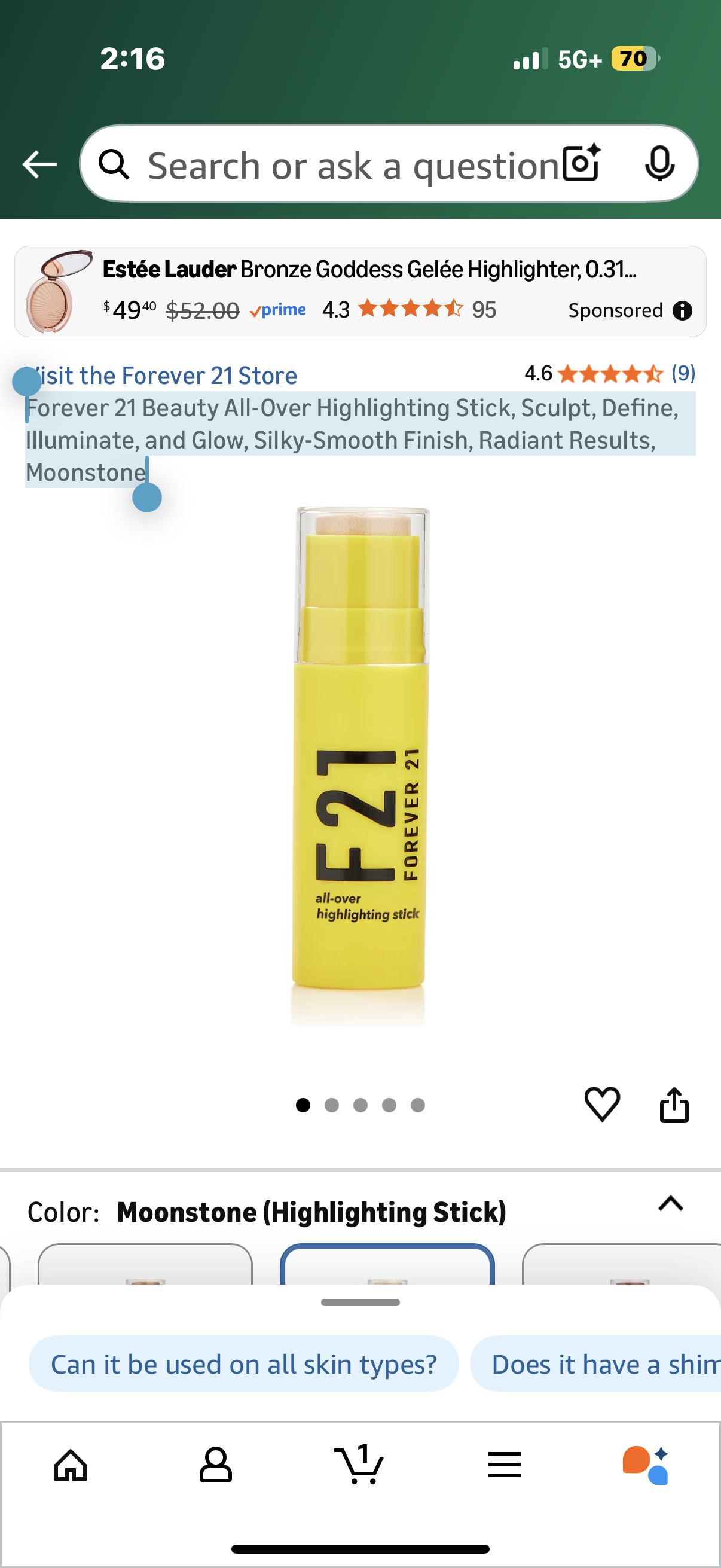 Forever 21 Beauty All-Over Highlighting Stick, Sculpt, Define, Illuminate, and Glow, Silky-Smooth Finish, Radiant Results, Moonstone