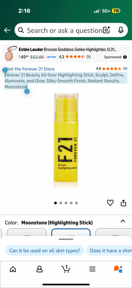 Forever 21 Beauty All-Over Highlighting Stick, Sculpt, Define, Illuminate, and Glow, Silky-Smooth Finish, Radiant Results, Moonstone