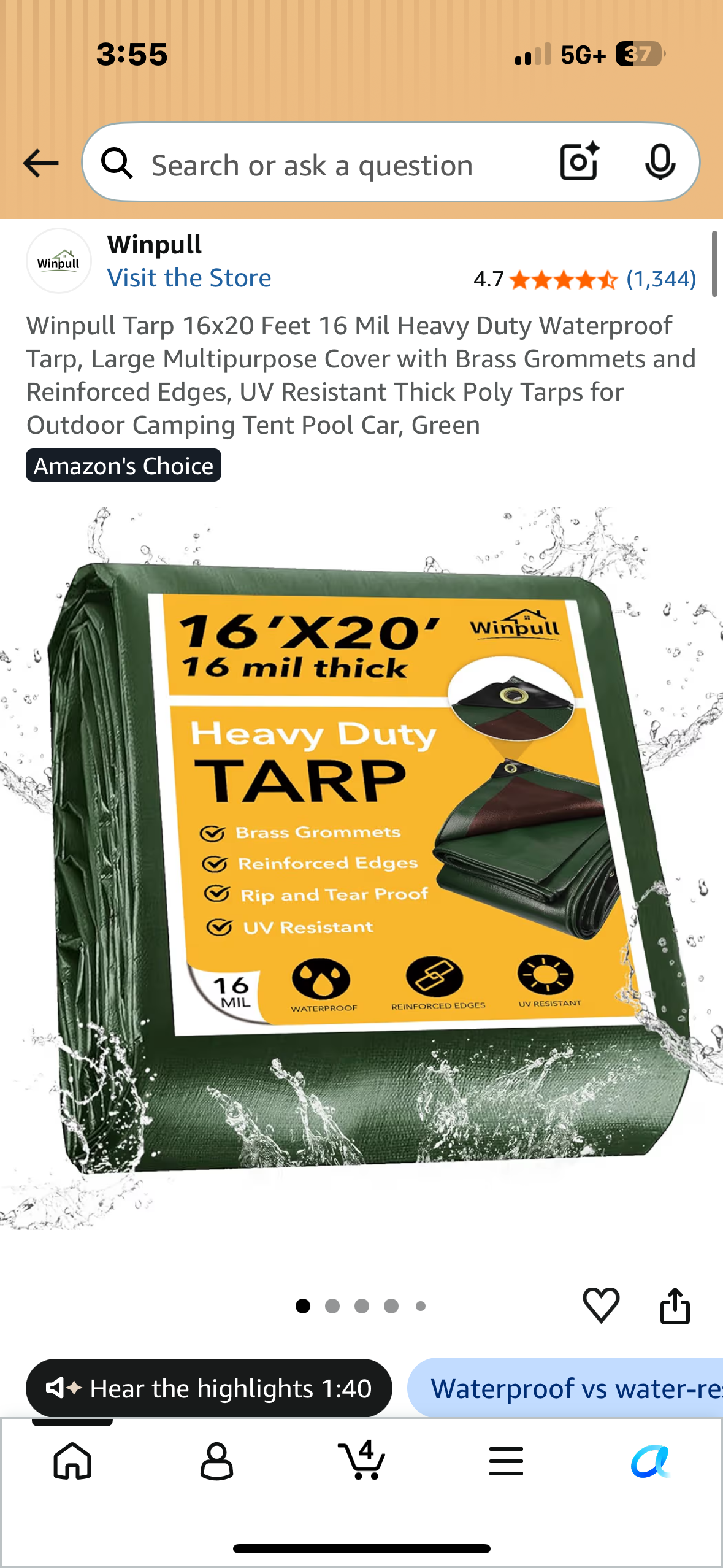 16x20 Feet 16 Mil Heavy Duty Waterproof Tarp, Large Multipurpose Cover with Brass Grommets and Reinforced Edges, UV Resistant Thick Poly Tarp for Outdoor Camping, Tent, Pool, Car, Firewoody