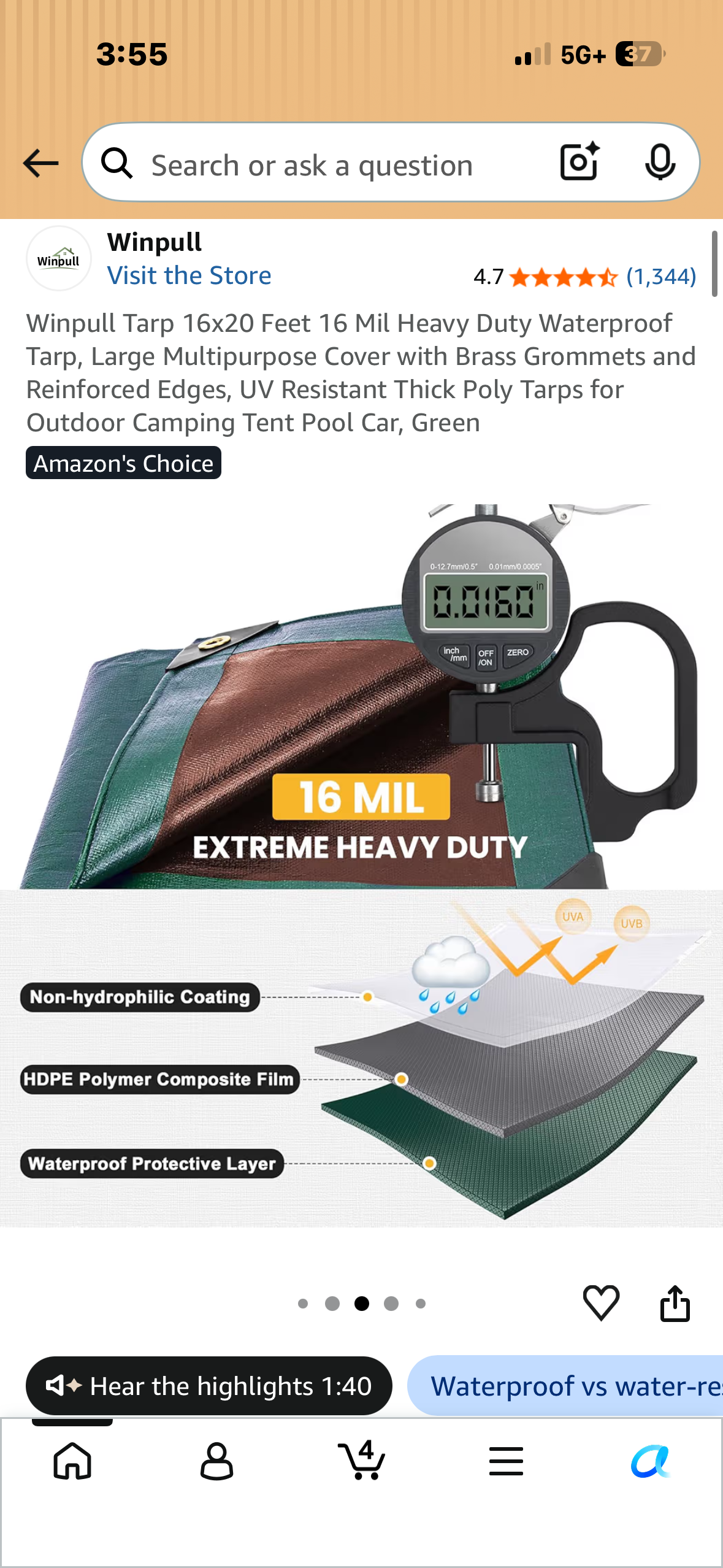 16x20 Feet 16 Mil Heavy Duty Waterproof Tarp, Large Multipurpose Cover with Brass Grommets and Reinforced Edges, UV Resistant Thick Poly Tarp for Outdoor Camping, Tent, Pool, Car, Firewoody