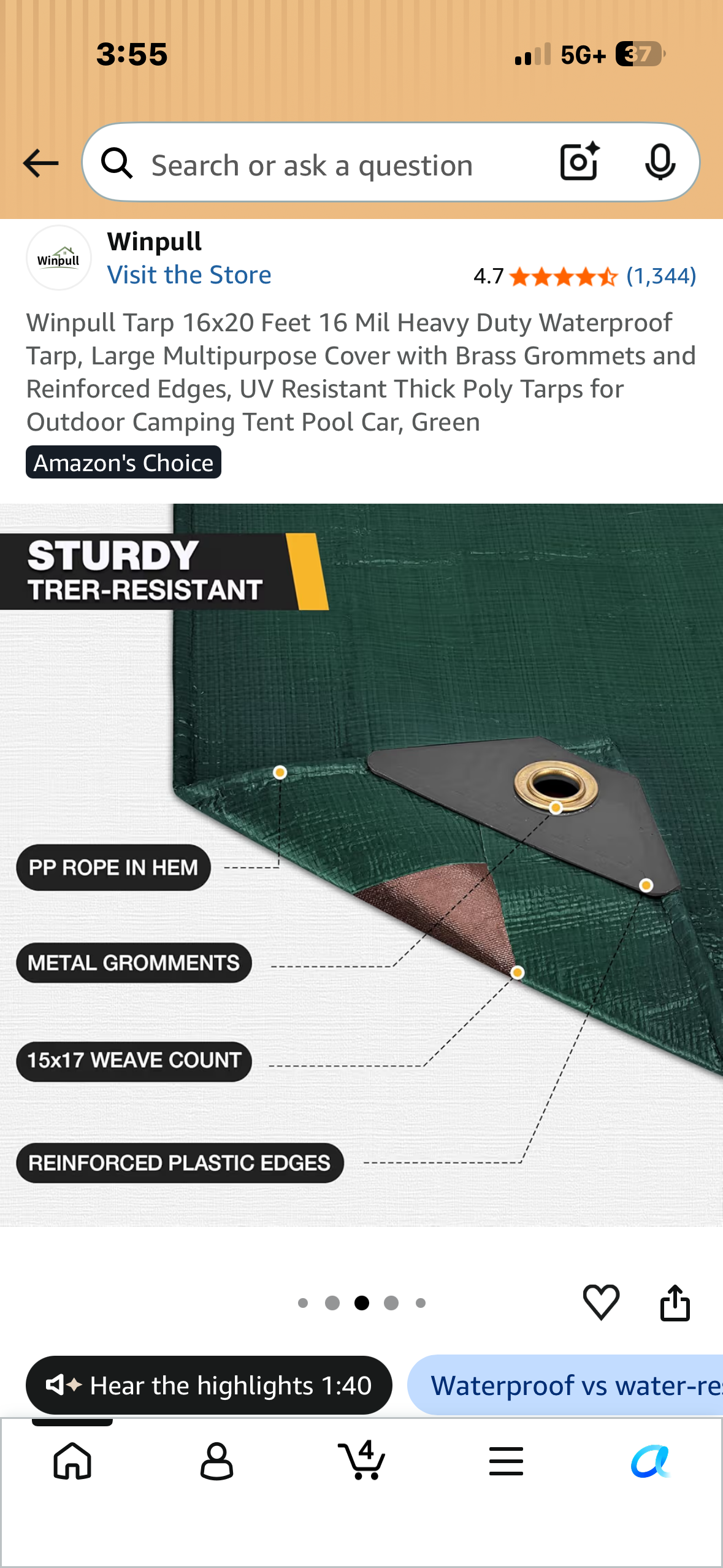 16x20 Feet 16 Mil Heavy Duty Waterproof Tarp, Large Multipurpose Cover with Brass Grommets and Reinforced Edges, UV Resistant Thick Poly Tarp for Outdoor Camping, Tent, Pool, Car, Firewoody