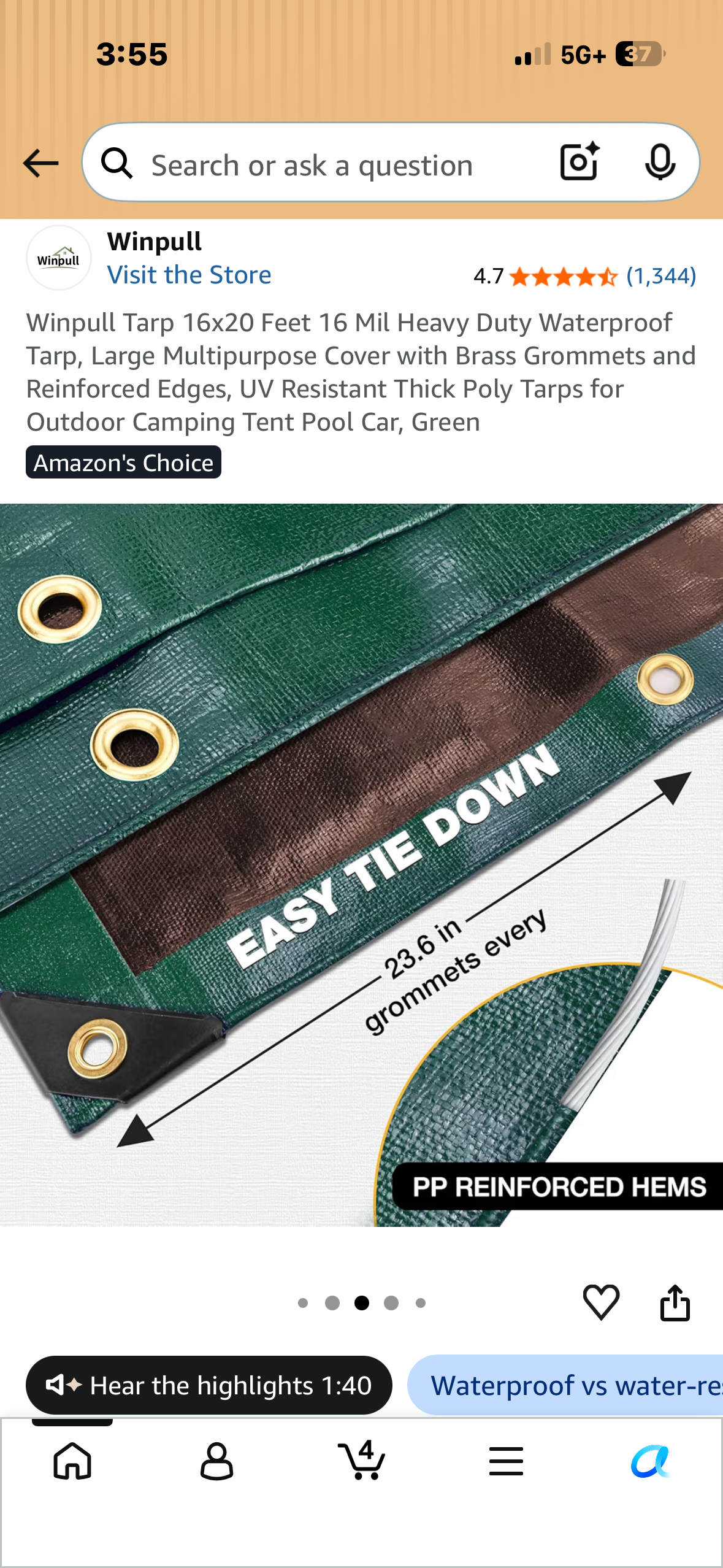 16x20 Feet 16 Mil Heavy Duty Waterproof Tarp, Large Multipurpose Cover with Brass Grommets and Reinforced Edges, UV Resistant Thick Poly Tarp for Outdoor Camping, Tent, Pool, Car, Firewoody