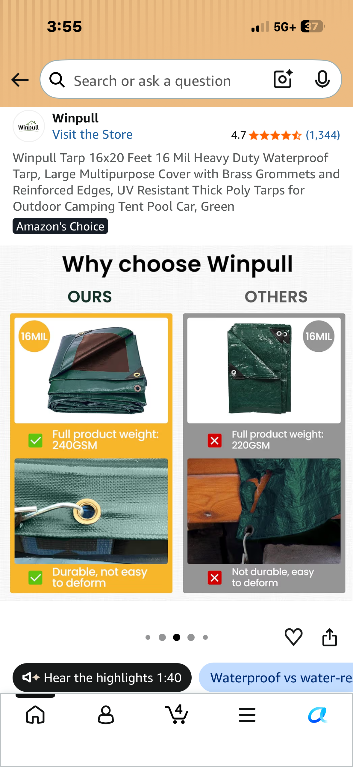 16x20 Feet 16 Mil Heavy Duty Waterproof Tarp, Large Multipurpose Cover with Brass Grommets and Reinforced Edges, UV Resistant Thick Poly Tarp for Outdoor Camping, Tent, Pool, Car, Firewoody