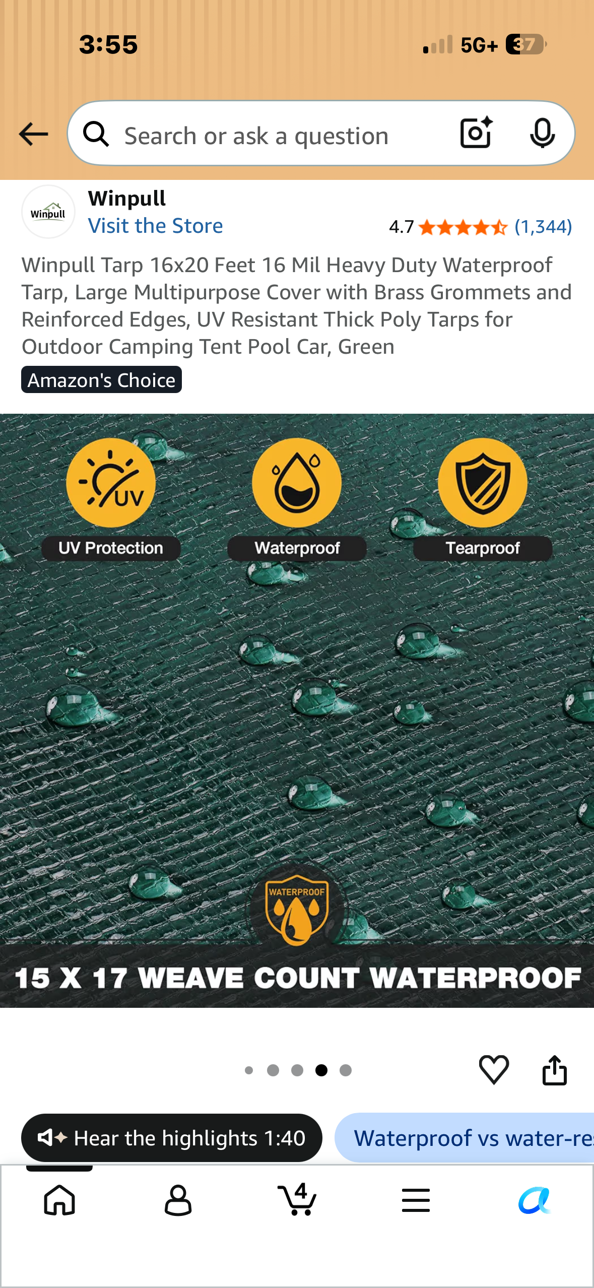 16x20 Feet 16 Mil Heavy Duty Waterproof Tarp, Large Multipurpose Cover with Brass Grommets and Reinforced Edges, UV Resistant Thick Poly Tarp for Outdoor Camping, Tent, Pool, Car, Firewoody