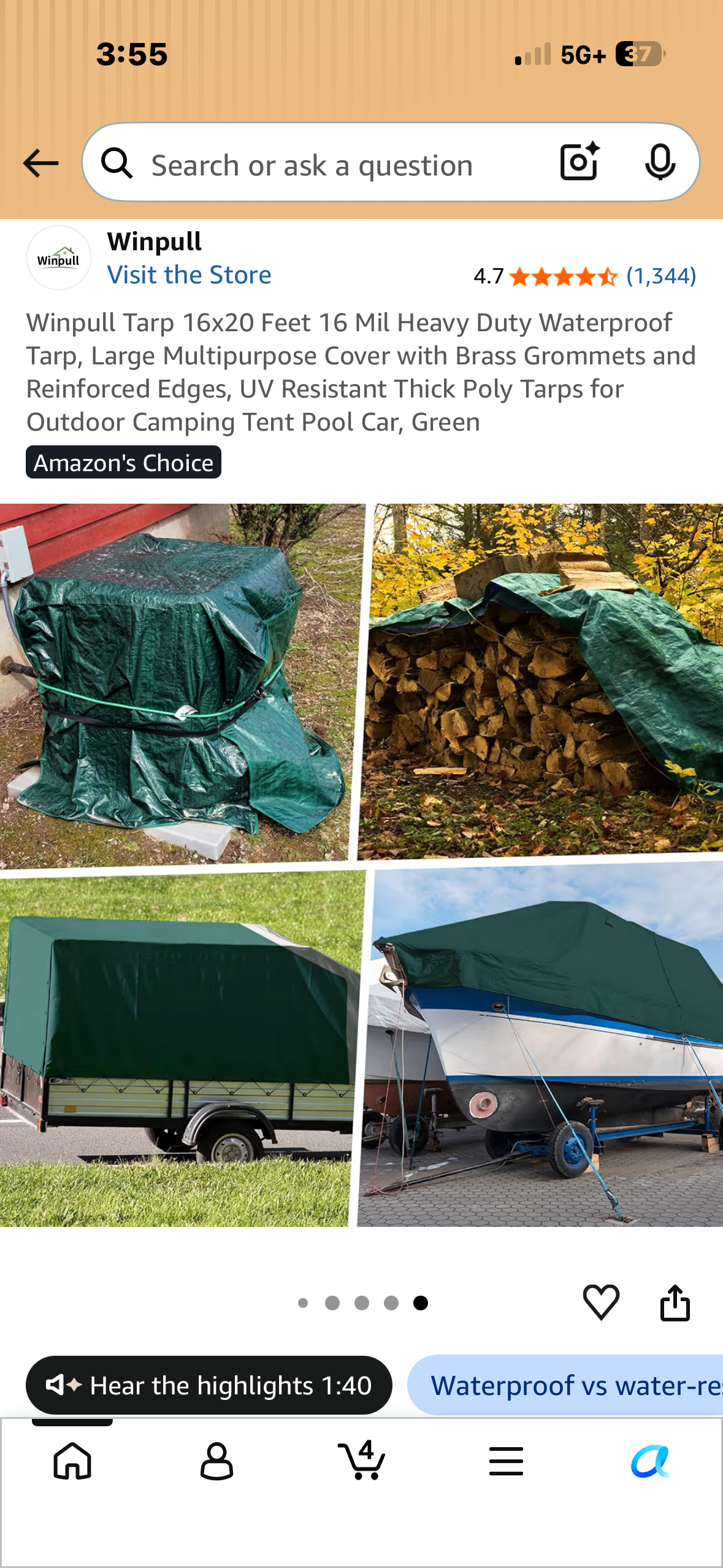 16x20 Feet 16 Mil Heavy Duty Waterproof Tarp, Large Multipurpose Cover with Brass Grommets and Reinforced Edges, UV Resistant Thick Poly Tarp for Outdoor Camping, Tent, Pool, Car, Firewoody