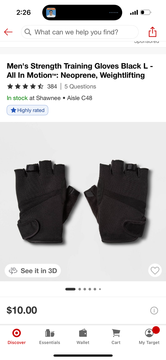 Men's Strength Training Gloves Black L - All In Motion™: Neoprene, Weightlifting