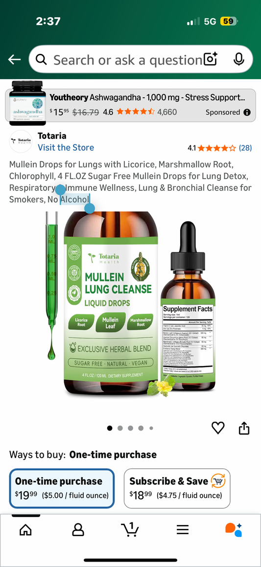 Mullein Drops for Lungs with Licorice, Marshmallow Root, Chlorophyll, 4 FL.OZ Sugar Free Mullein Drops for Lung Detox, Respiratory & Immune Wellness, Lung & Bronchial Cleanse for Smokers, No Alcohol