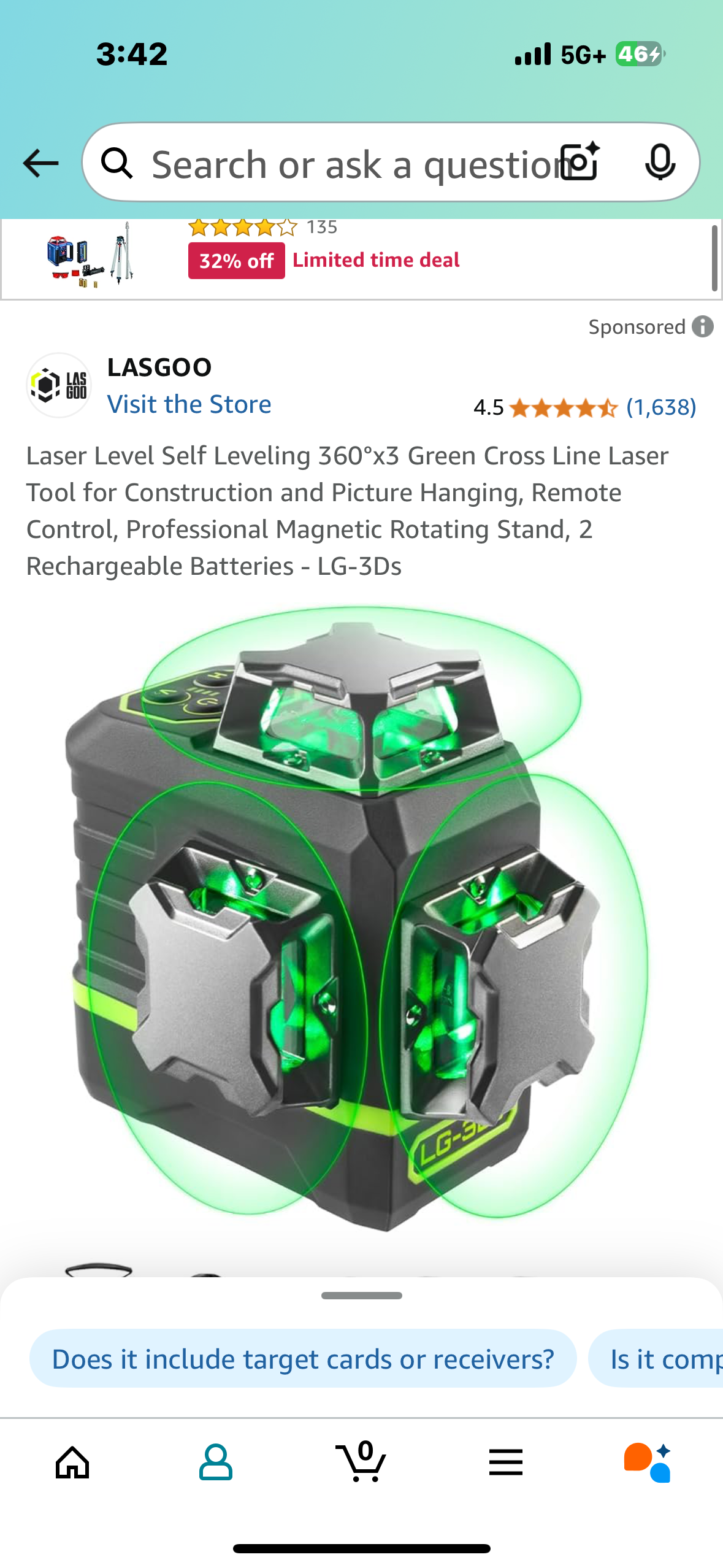 Laser Level Self Leveling 360°x3 Green Cross Line Laser Tool for Construction and Picture Hanging, Remote Control, Professional Magnetic Rotating Stand, 2 Rechargeable Batteries - LG-3Ds