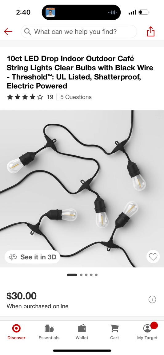 10ct LED Drop Indoor Outdoor Café String Lights Clear Bulbs with Black Wire - Threshold™: UL Listed, Shatterproof, Electric Powered
