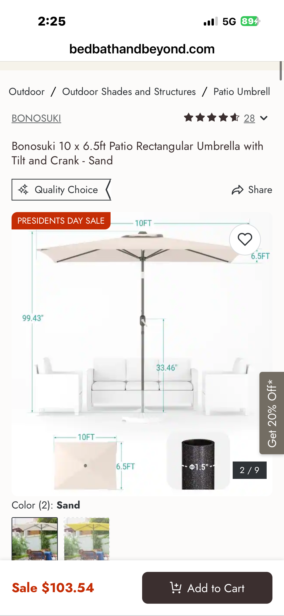 Bonosuki 10’× 6.5’ Patio Umbrella, Rectangular with Tilt and Crank - Sand (G1020)