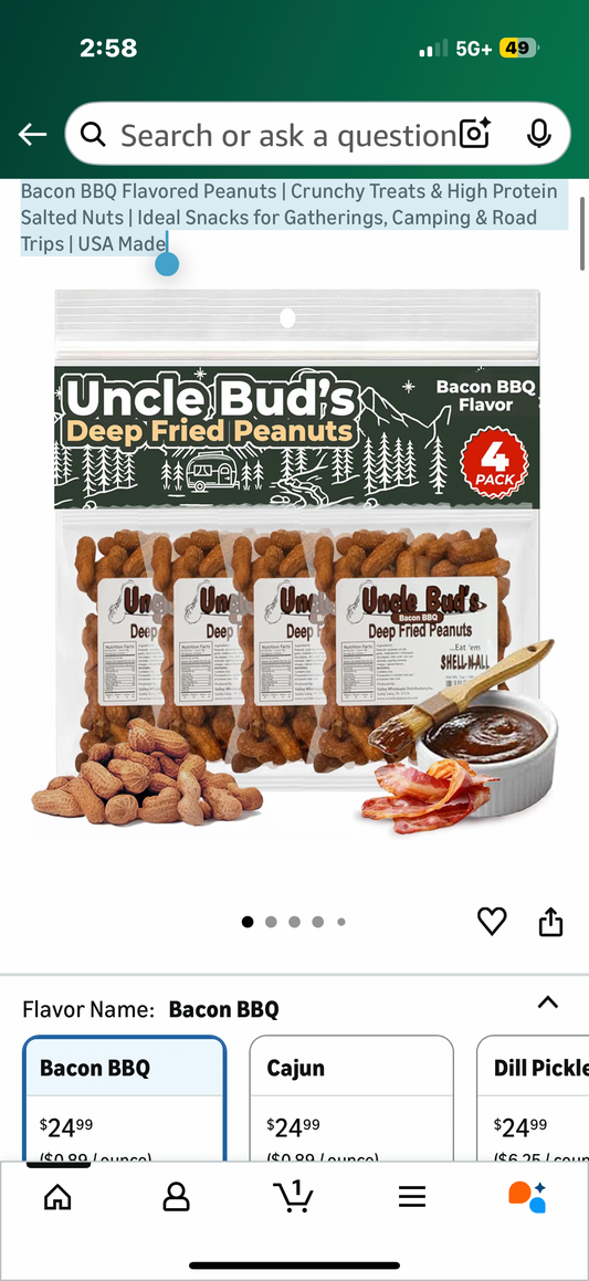 Uncle Bud's Deep Fried Peanuts In Shell (4-Pack) | Premium Bacon BBQ Flavored Peanuts | Crunchy Treats & High Protein Salted Nuts | Ideal Snacks for Gatherings, Camping & Road Trips | USA Made
