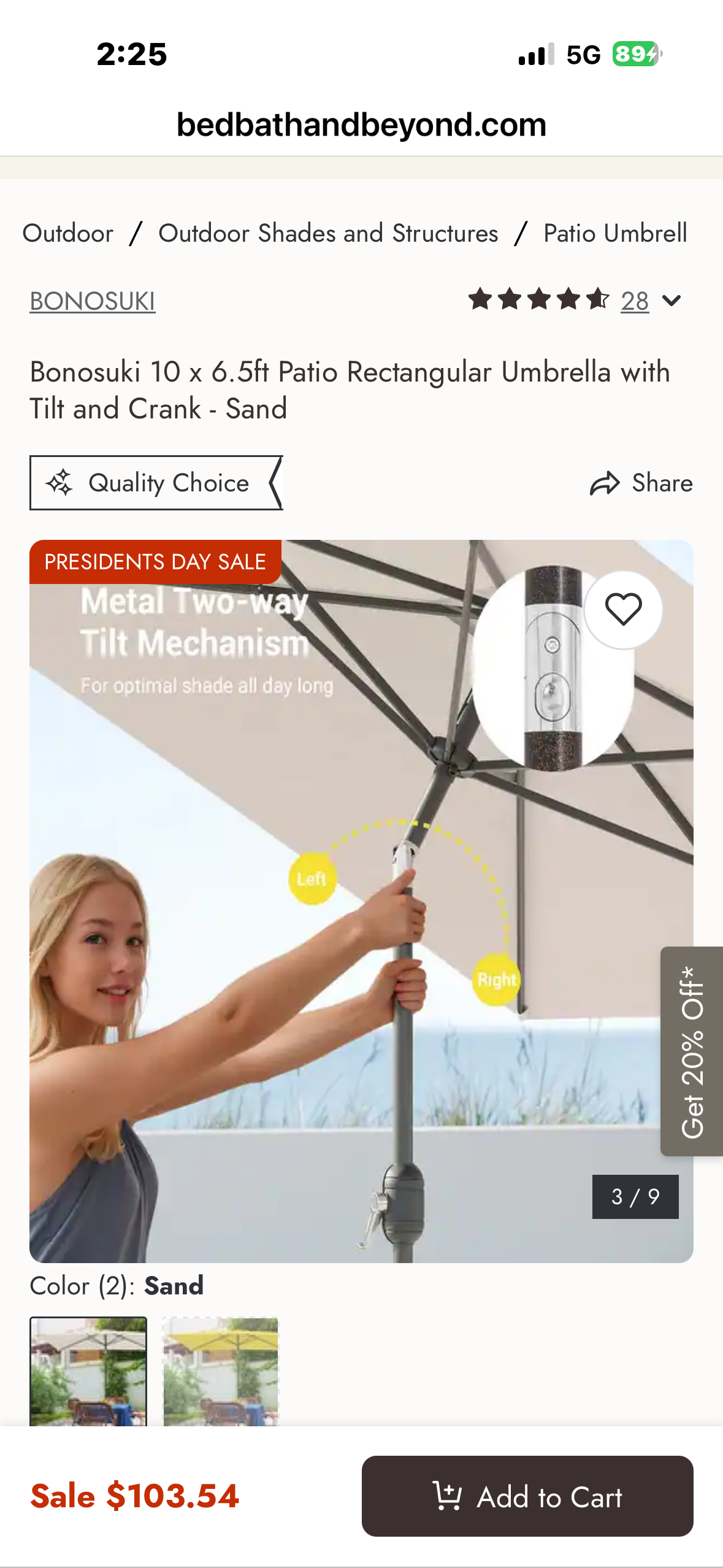 Bonosuki 10’× 6.5’ Patio Umbrella, Rectangular with Tilt and Crank - Sand (G1020)