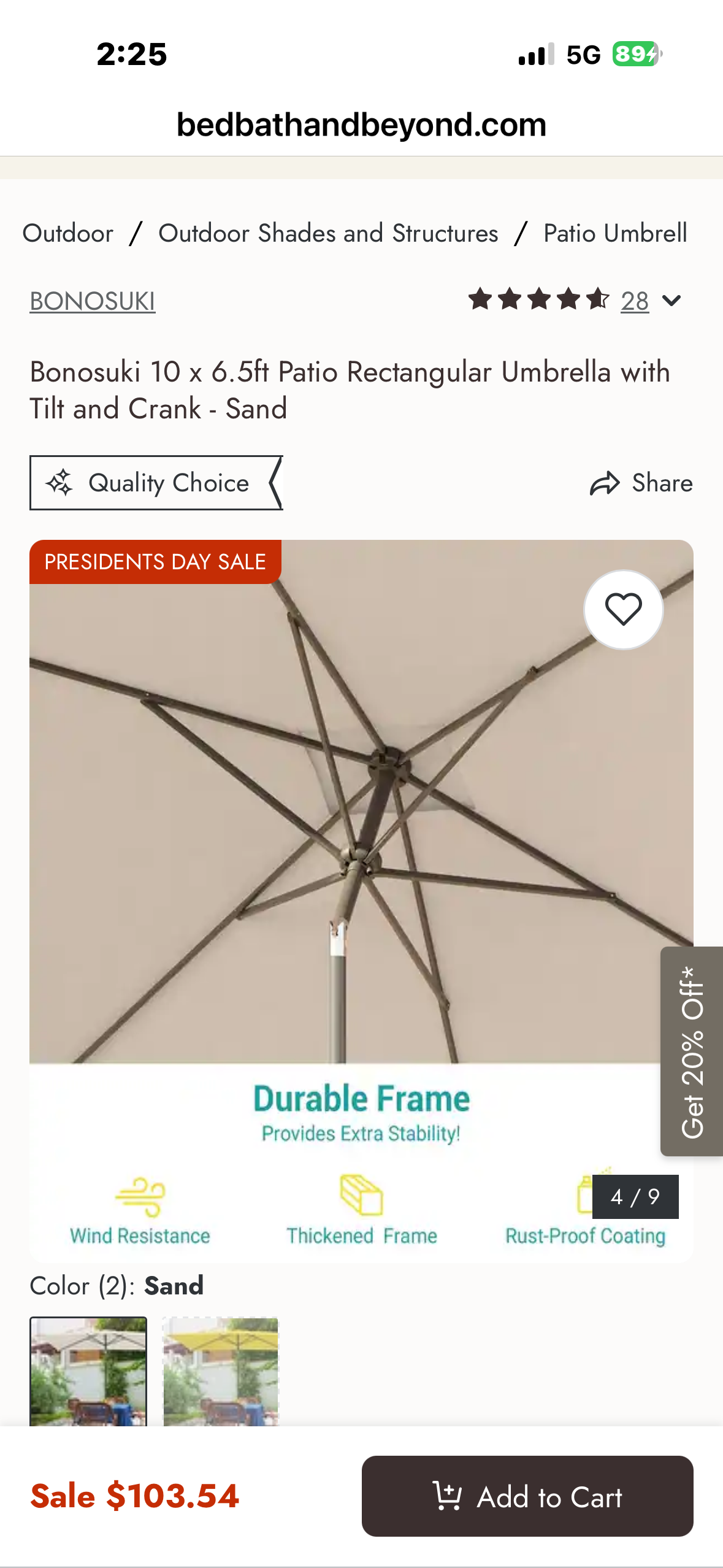 Bonosuki 10’× 6.5’ Patio Umbrella, Rectangular with Tilt and Crank - Sand (G1020)