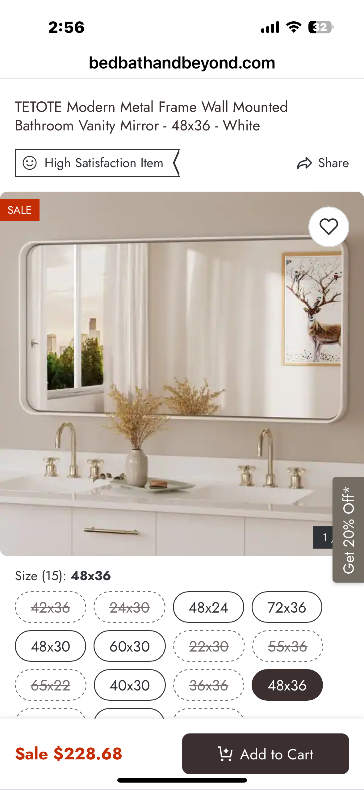 TETOTE Modern Metal Frame Wall Mounted Bathroom Vanity Mirror - 48x36 - White (M447)