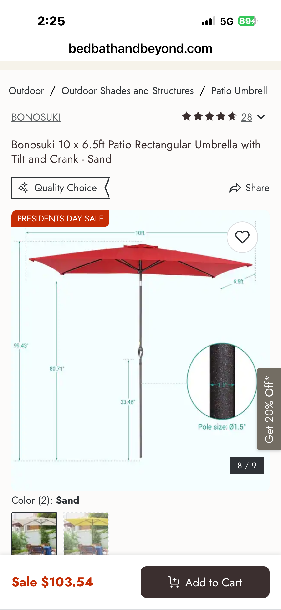 Bonosuki 10’× 6.5’ Patio Umbrella, Rectangular with Tilt and Crank - Sand (G1020)