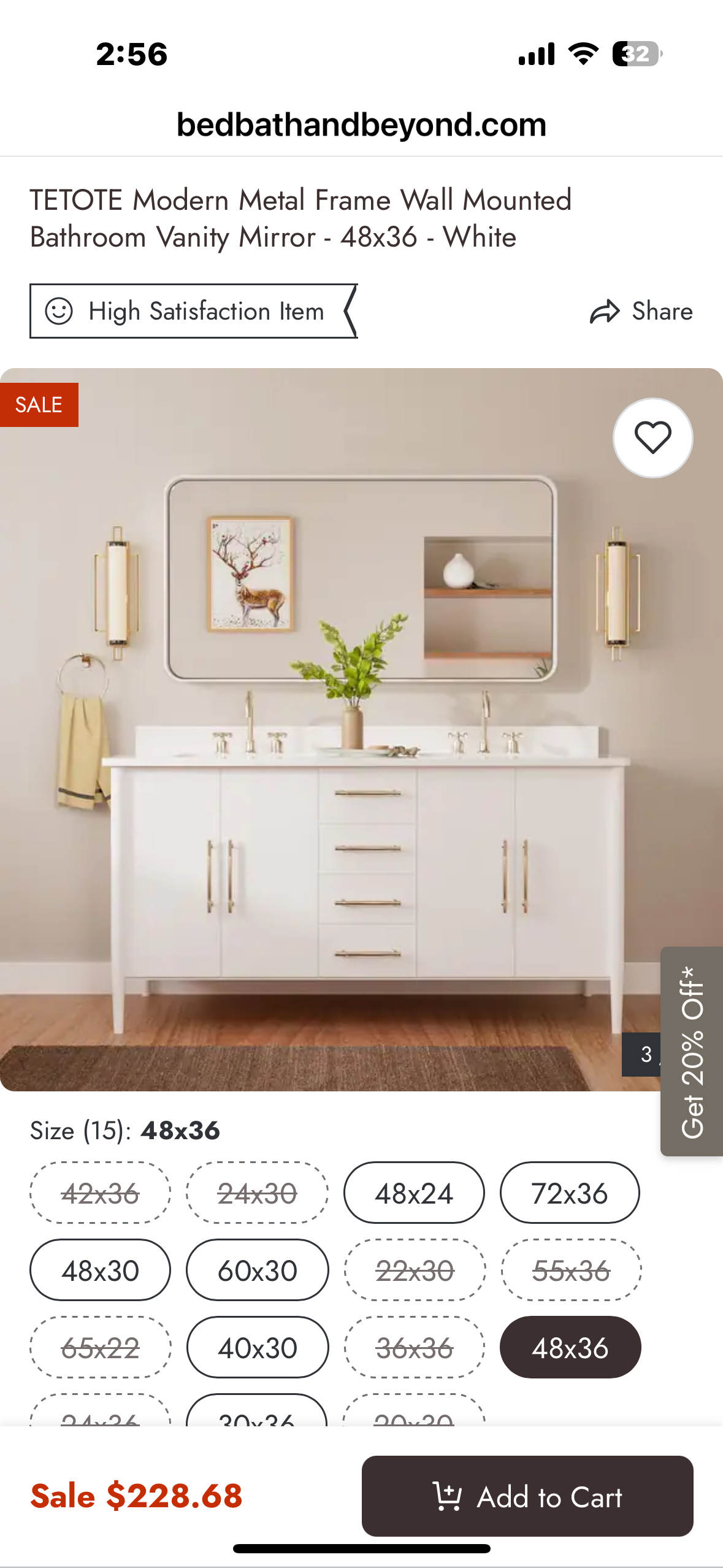 TETOTE Modern Metal Frame Wall Mounted Bathroom Vanity Mirror - 48x36 - White (M447)