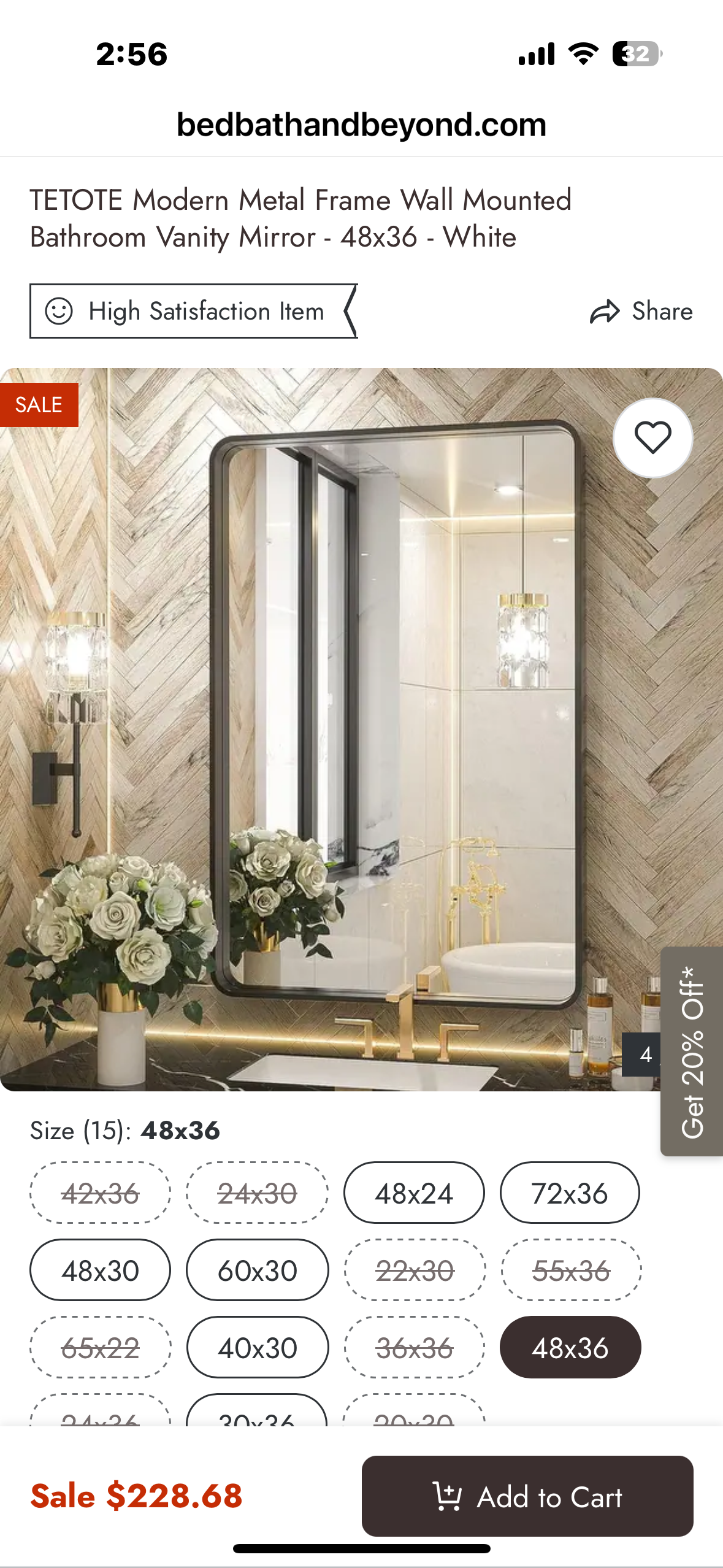 TETOTE Modern Metal Frame Wall Mounted Bathroom Vanity Mirror - 48x36 - White (M447)