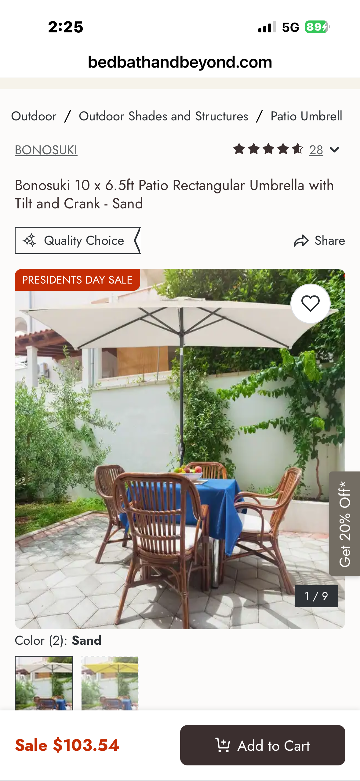 Bonosuki 10’× 6.5’ Patio Umbrella, Rectangular with Tilt and Crank - Sand (G1020)