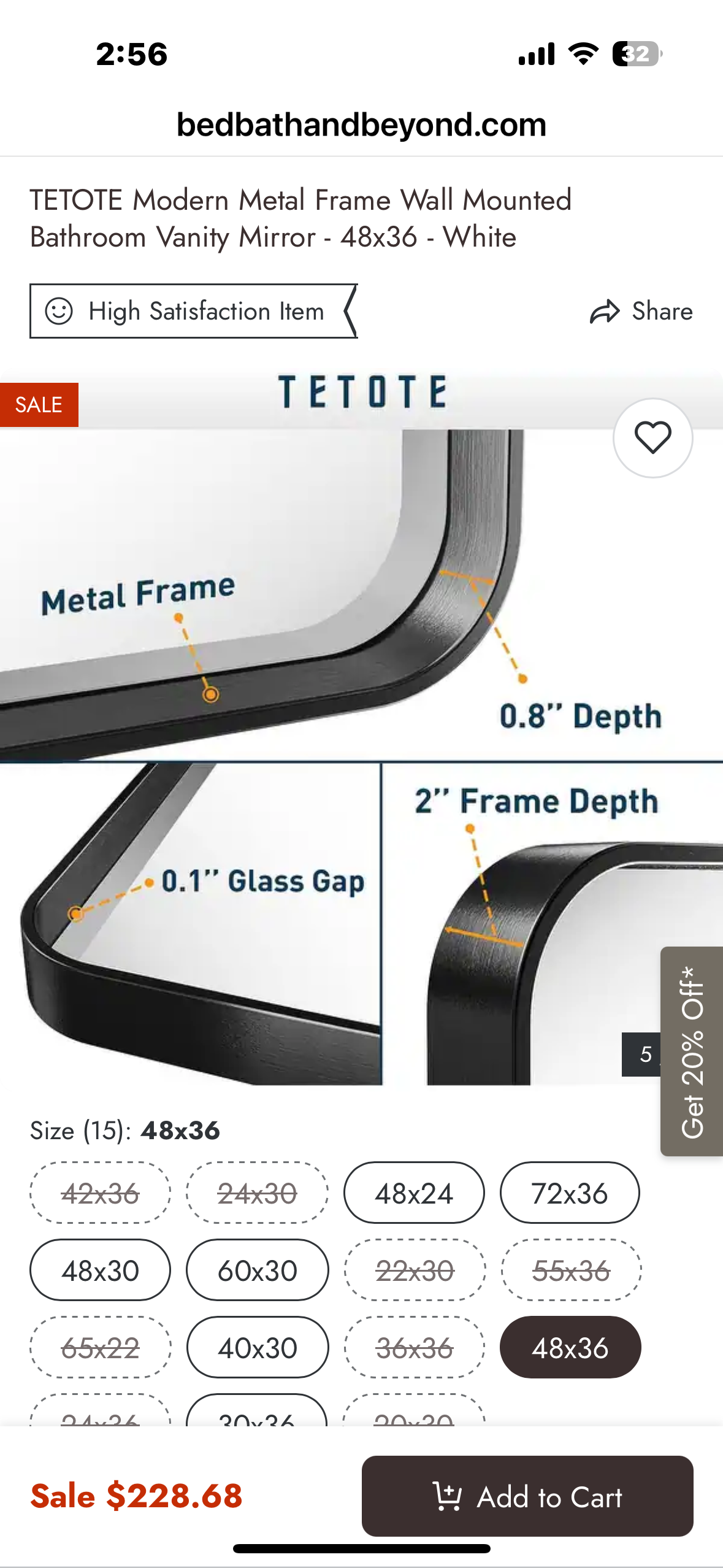 TETOTE Modern Metal Frame Wall Mounted Bathroom Vanity Mirror - 48x36 - White (M447)