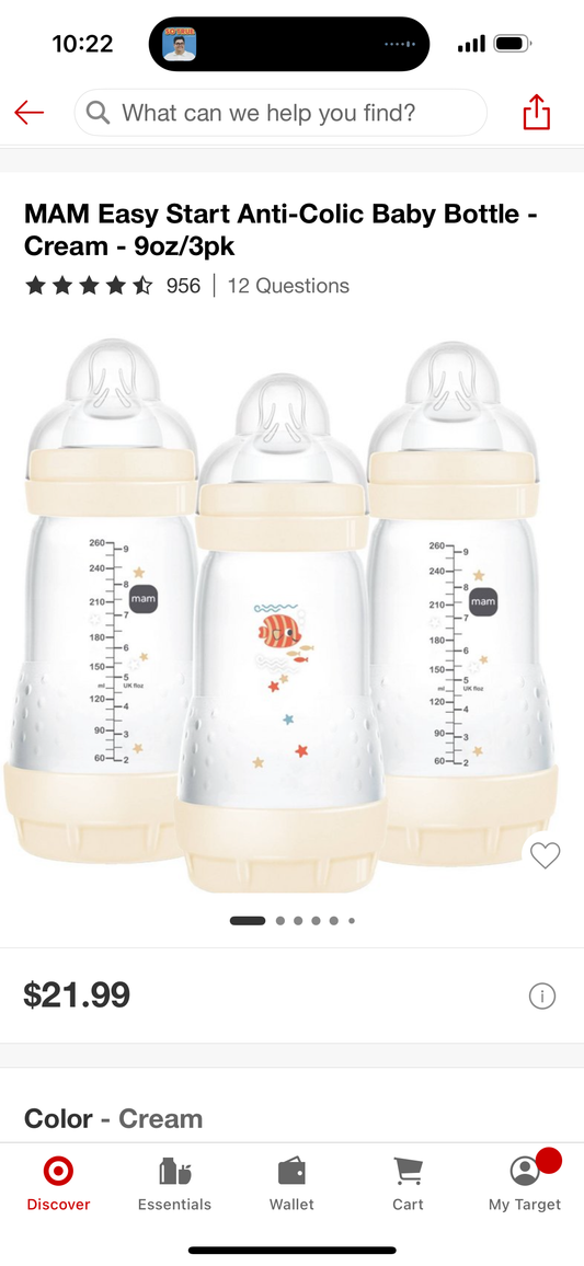 MAM Easy Start Anti-Colic Baby Bottle - Cream - 9oz/3pk