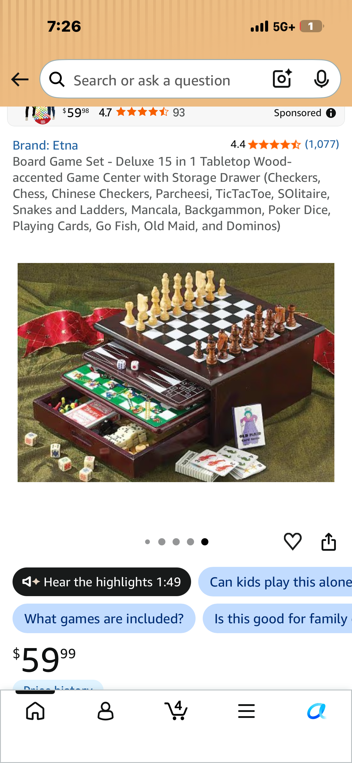 Deluxe 15 in 1 Tabletop Wood-accented Game Center with Storage Drawer (Checkers, Chess, Chinese Checkers, Parcheesi, TicTacToe, SOlitaire, Snakes and Ladders, Mancala, Backgammon, Poker Dice, Playing Cards, Go Fish, Old Maid, and Dominos)
