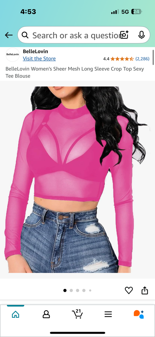 BelleLovin Women's Sheer Mesh Long Sleeve Crop Top Sexy Tee Blouse (Size S)