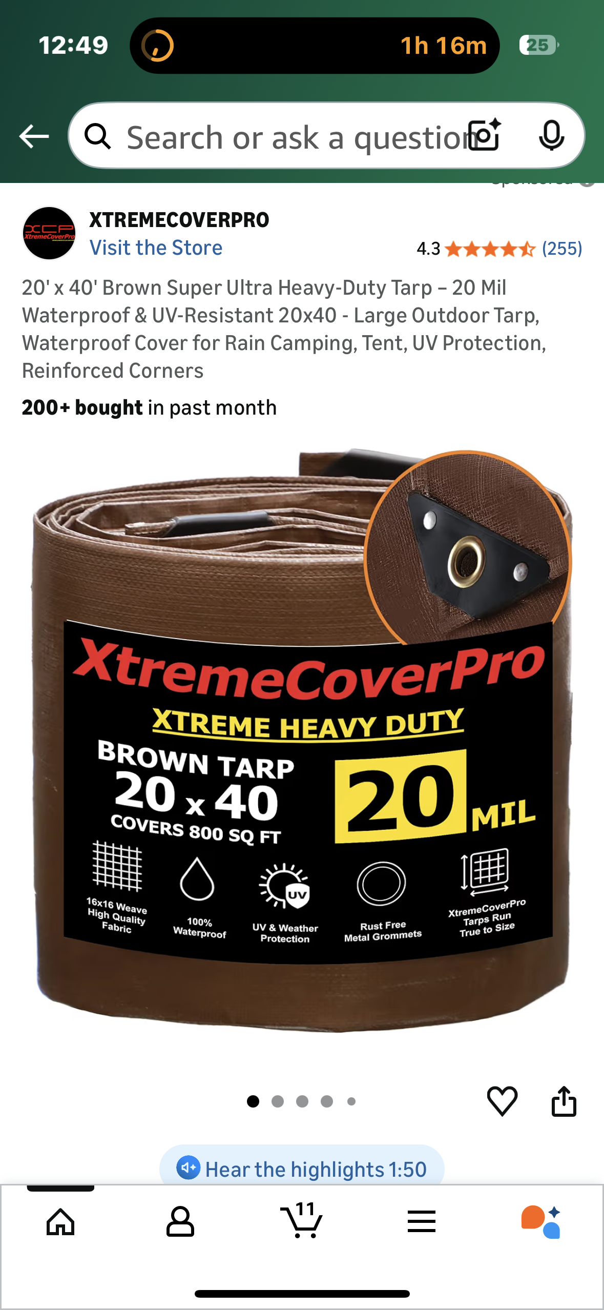 20'x 40' Brown Super Ultra Heavy-Duty Tarp - 20 Mil Waterproof & UV-Resistant 20x40 - Large Outdoor Tarp, Waterproof Cover for Rain Camping, Tent, UV Protection, Reinforced Corners (G900)