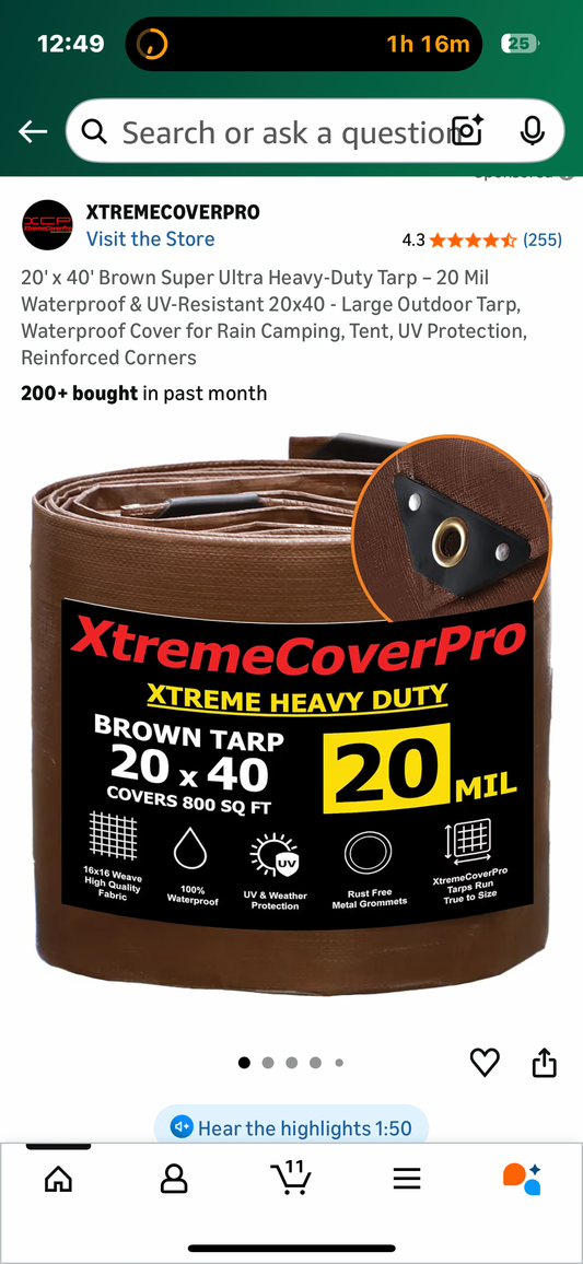 20'x 40' Brown Super Ultra Heavy-Duty Tarp - 20 Mil Waterproof & UV-Resistant 20x40 - Large Outdoor Tarp, Waterproof Cover for Rain Camping, Tent, UV Protection, Reinforced Corners (G900)