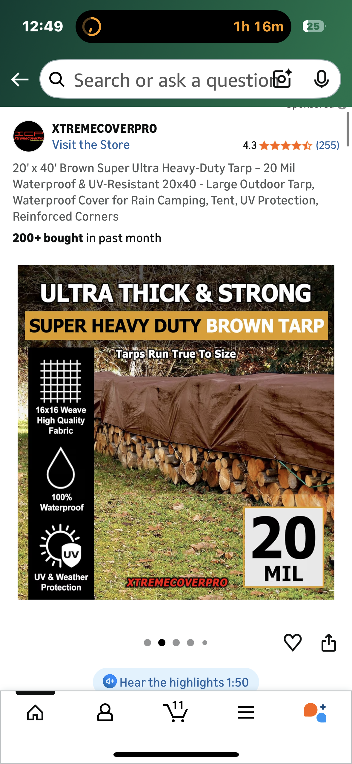 20'x 40' Brown Super Ultra Heavy-Duty Tarp - 20 Mil Waterproof & UV-Resistant 20x40 - Large Outdoor Tarp, Waterproof Cover for Rain Camping, Tent, UV Protection, Reinforced Corners (G900)